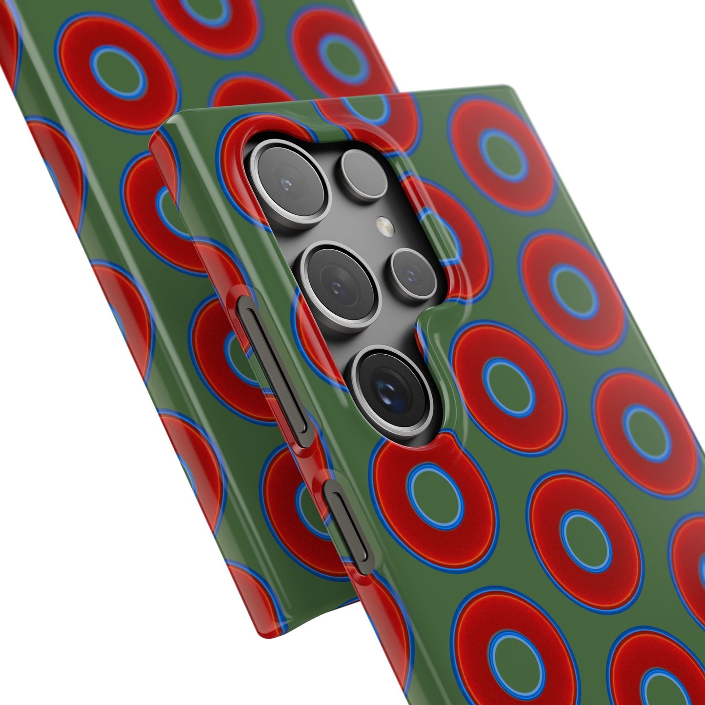 Lumpy Donut Snap Case - red vivid donut print w/dark green background