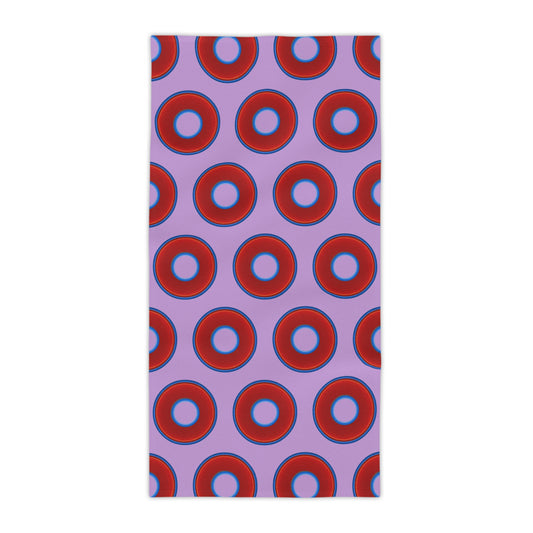 Lumpy Donut Towels - vivid red donuts w/wisteria purple background