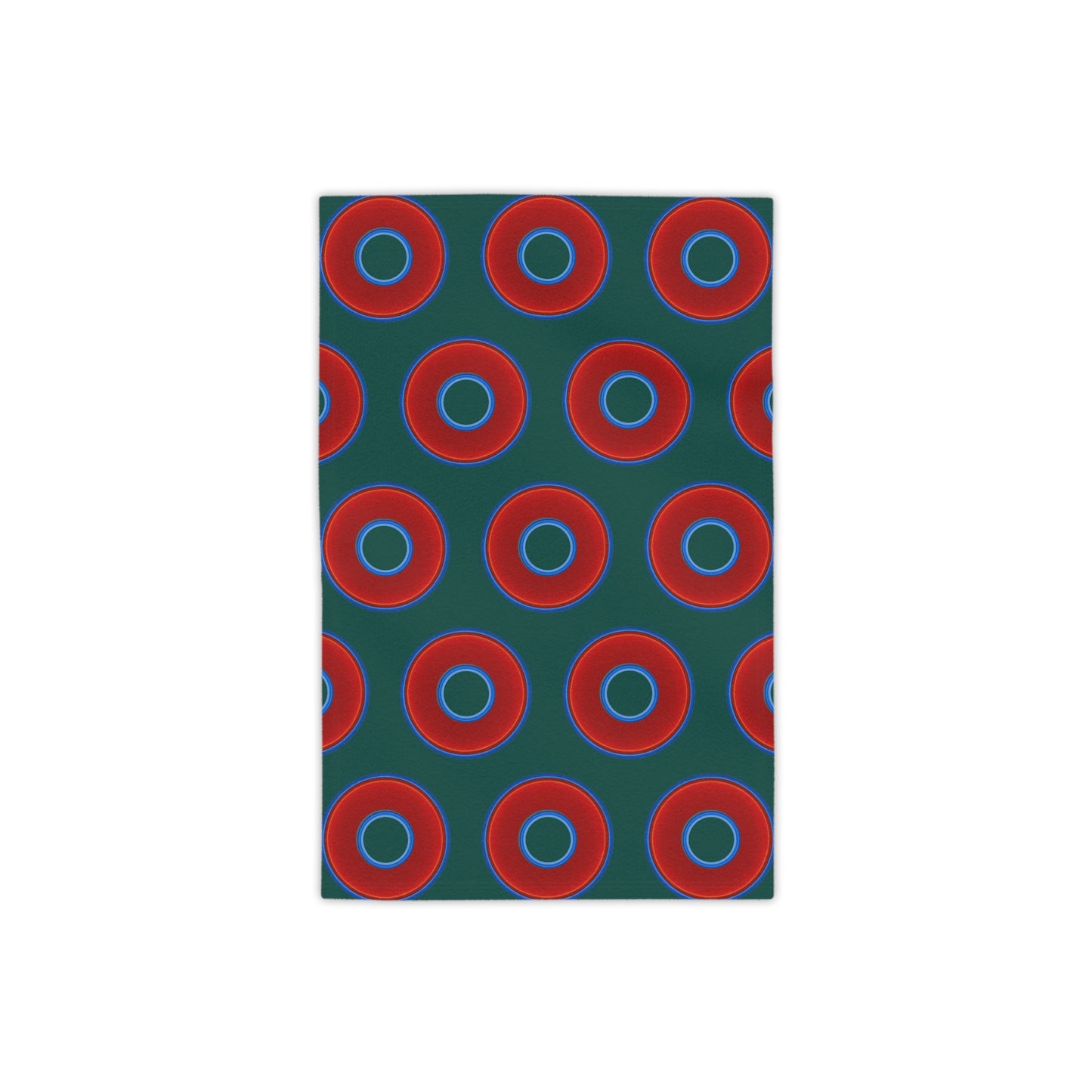 Lumpy Donut Towels - vivid red donuts w/dark Fenway green background