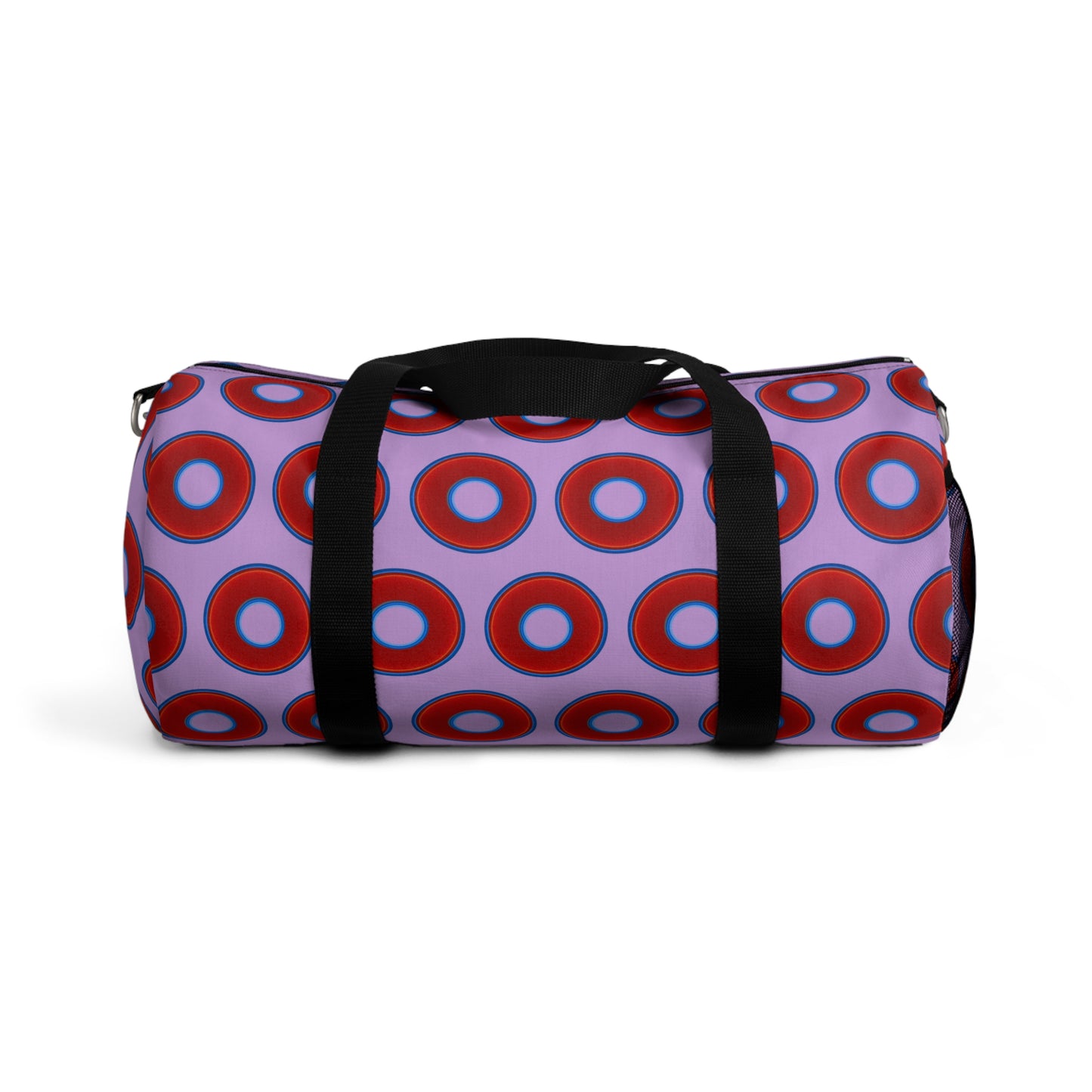 Lumpy Duffel - vivid red donuts w/wisteria purple background