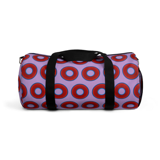 Lumpy Duffel - vivid red donuts w/wisteria purple background