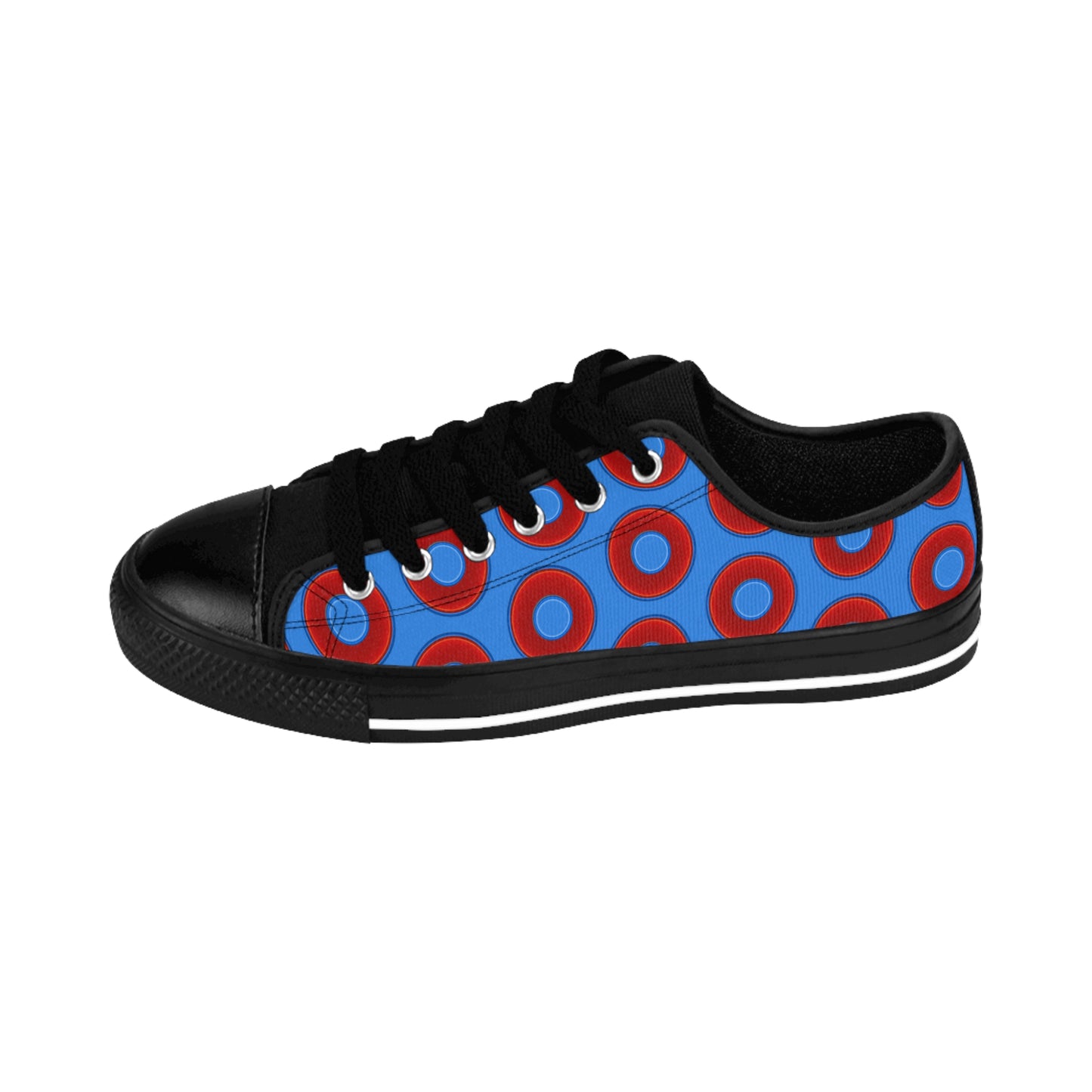 Men's Cushiony Convectors - Low Top - large red vivid donut print w/light royal blue background
