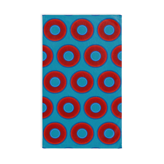 Lumpy Kitchen/Hand Towels - vivid red donuts w/aquamarine blue background