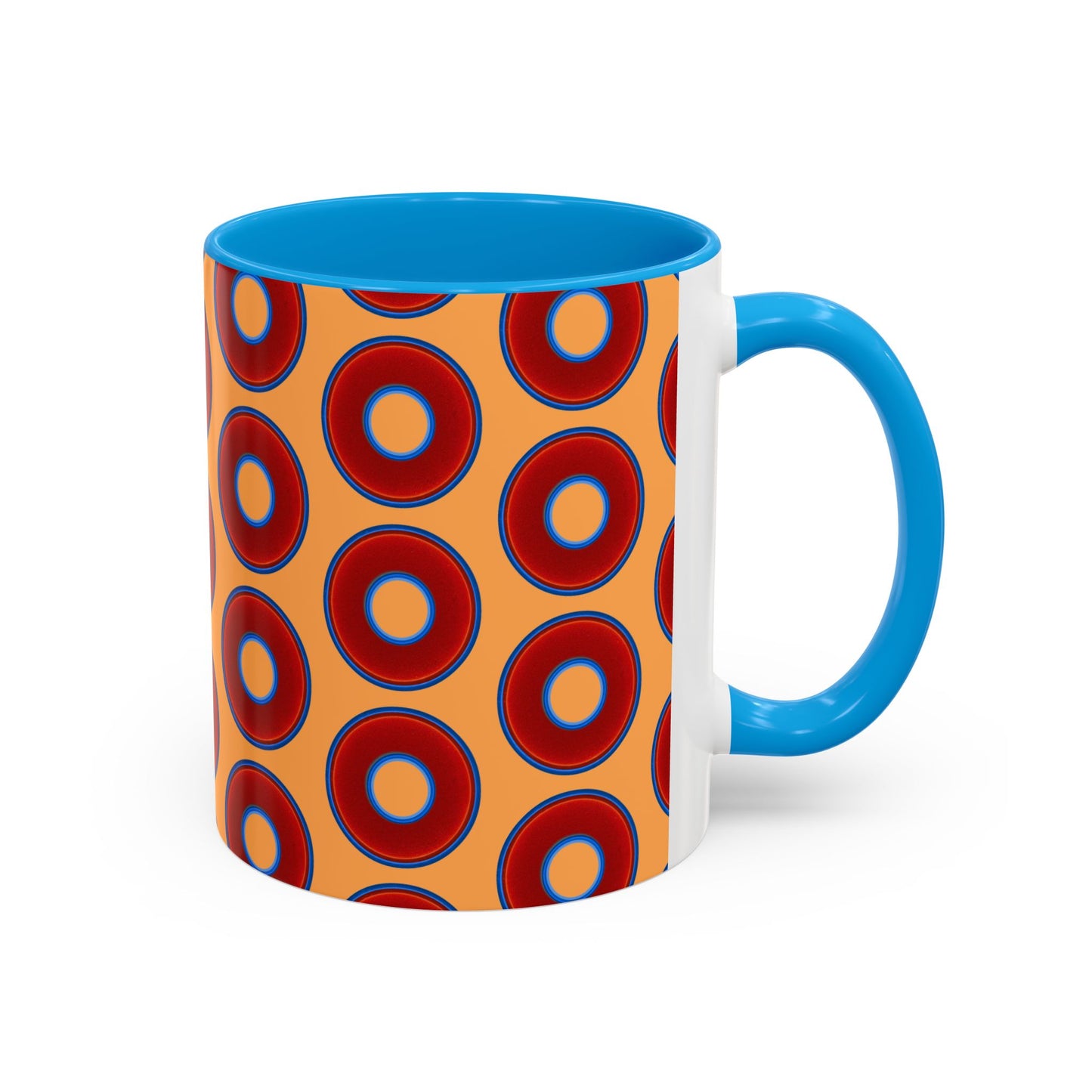 Lump's Grumpy Coffee Mug - vivid red donuts w/creamsicle orange background