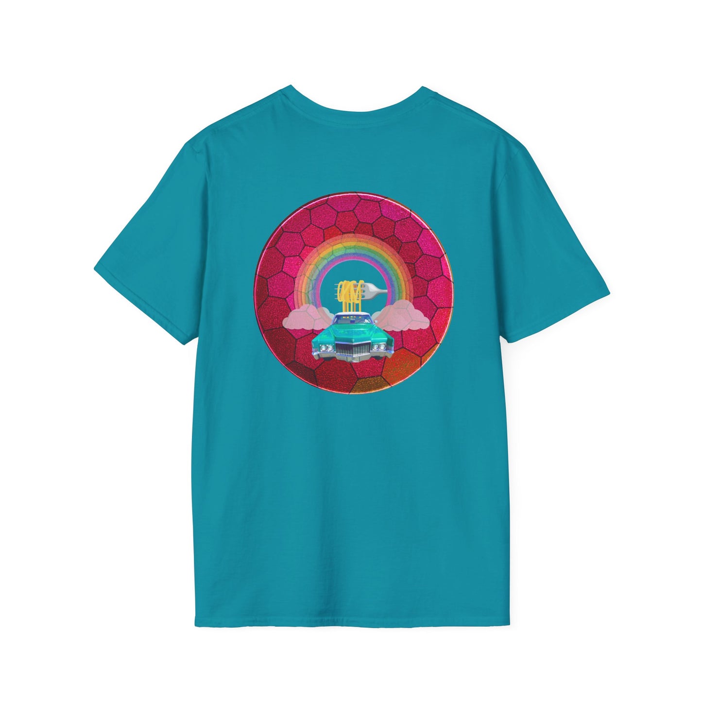 Classic Donut Tee - Unisex Soft-Style - "Cadillac Rainbows Donut Tee" - variant 3 - magenta hexadonut w/mint green caddy