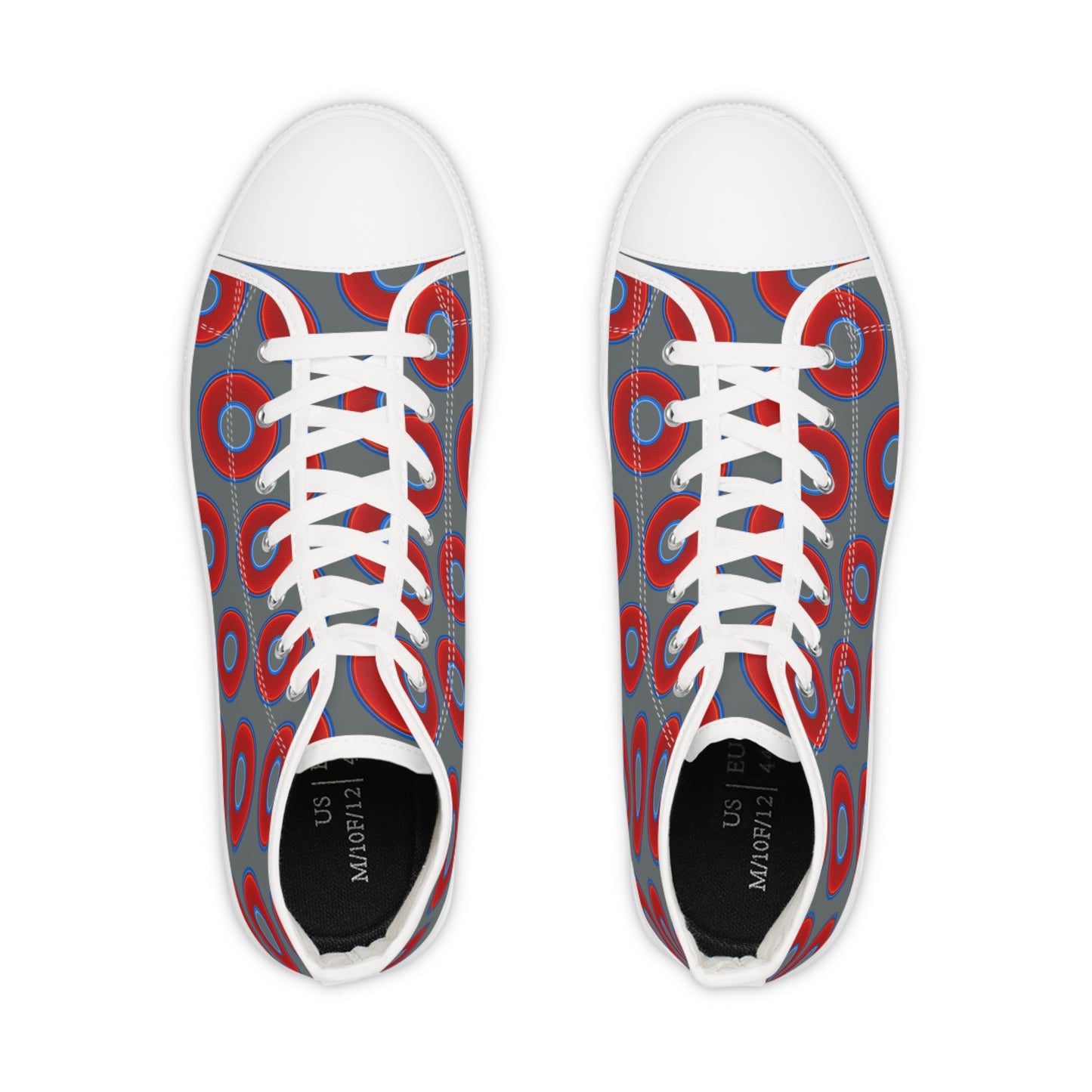 Men's High Top Chucks - large vivid red donut print w/dark gray background
