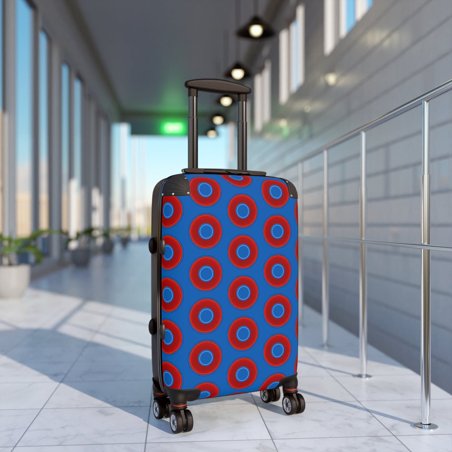 The Very Lumpy Donut Suitcase series - your choice of S, M or L - vivid red donut print w/dark royal blue background