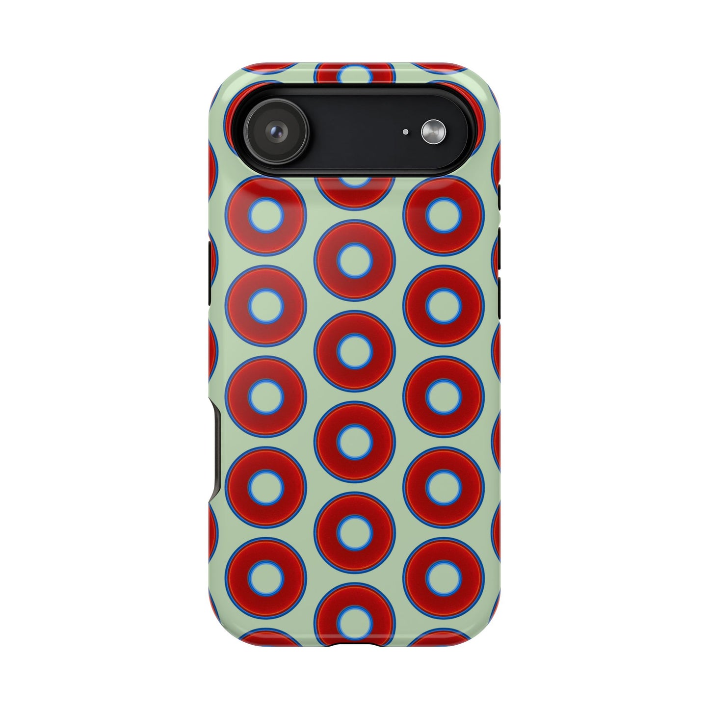 Impact-Resistant Lumpy Donut Case - red vivid donut print w/seafoam green background
