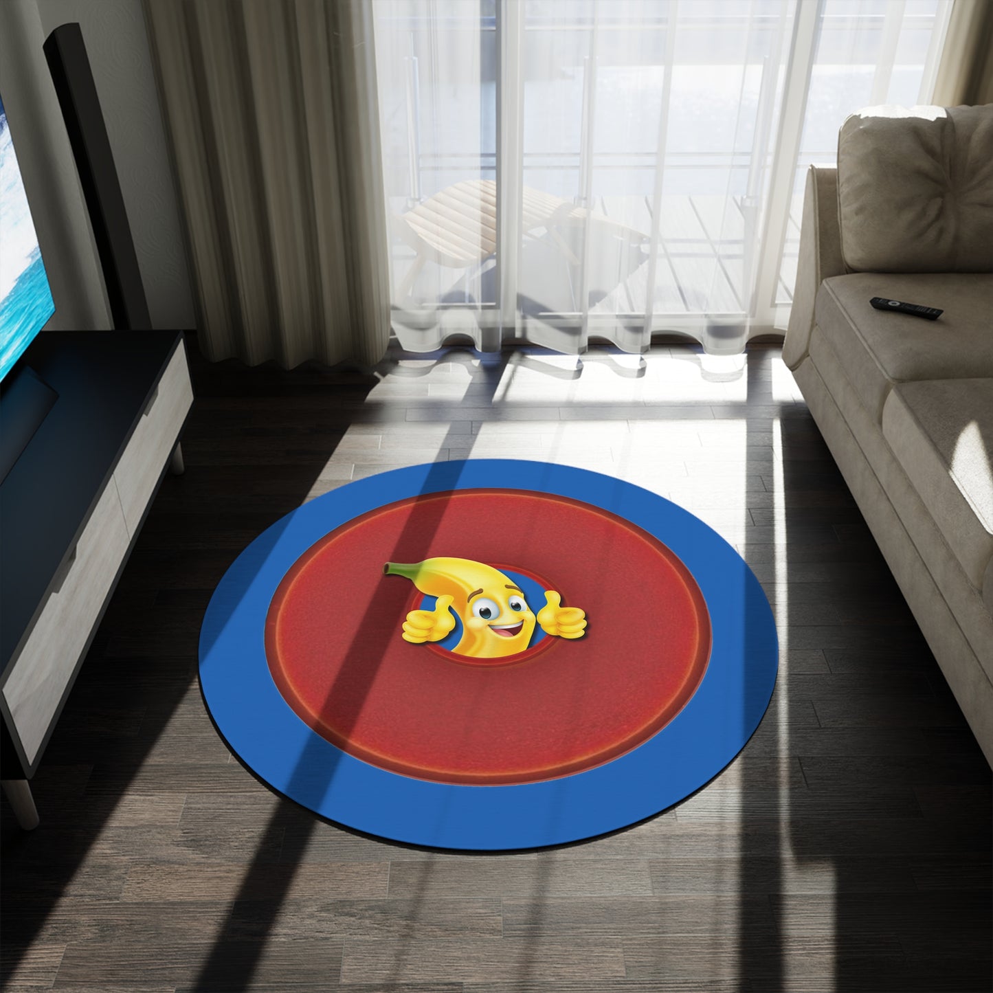 Round Room - 5 ft x 5 ft Lumpy Donut Rug - "Banana Bread Donut " - vivid red donut w/dark royal blue background - variant 6