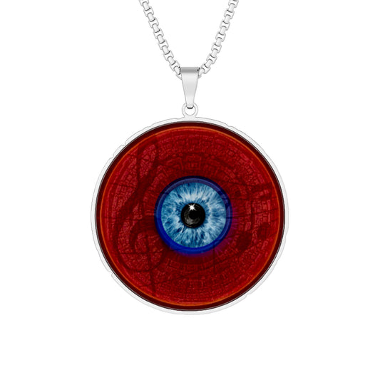 Lump's Heady Donut Necklace - 1" x 1" Stainless Steel Pendant - "Peering Through Your Opacity Donut" - red/blue musical donut