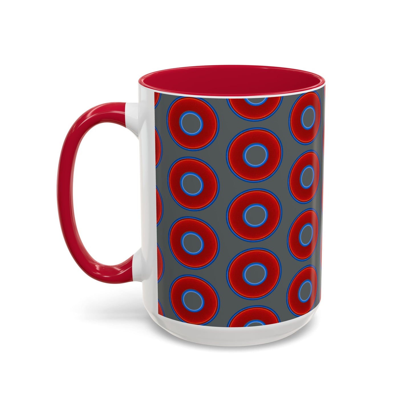 Lump's Grumpy Coffee Mug - vivid red donuts w/dark gray background