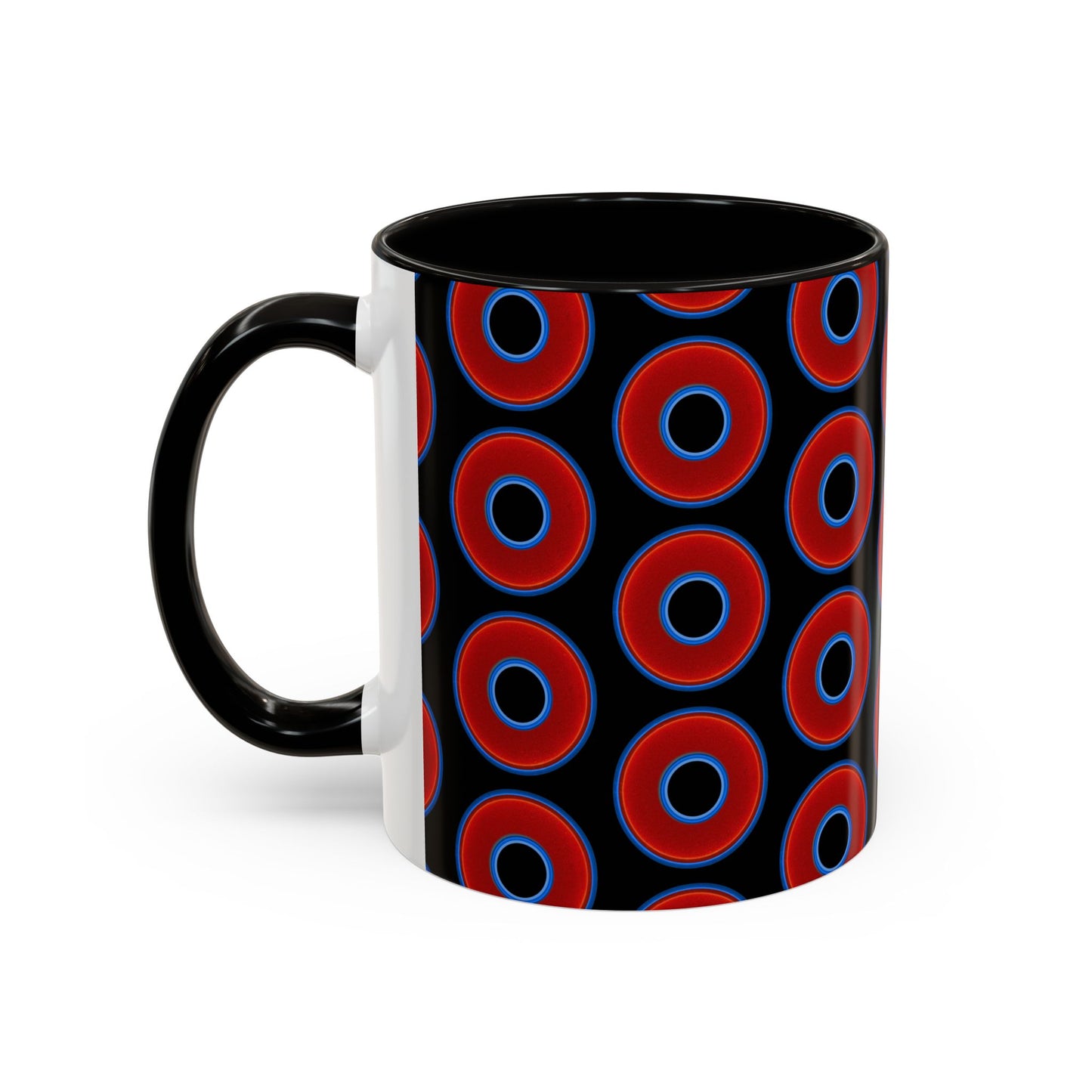 Lump's Grumpy Coffee Mug - vivid red donuts w/black background