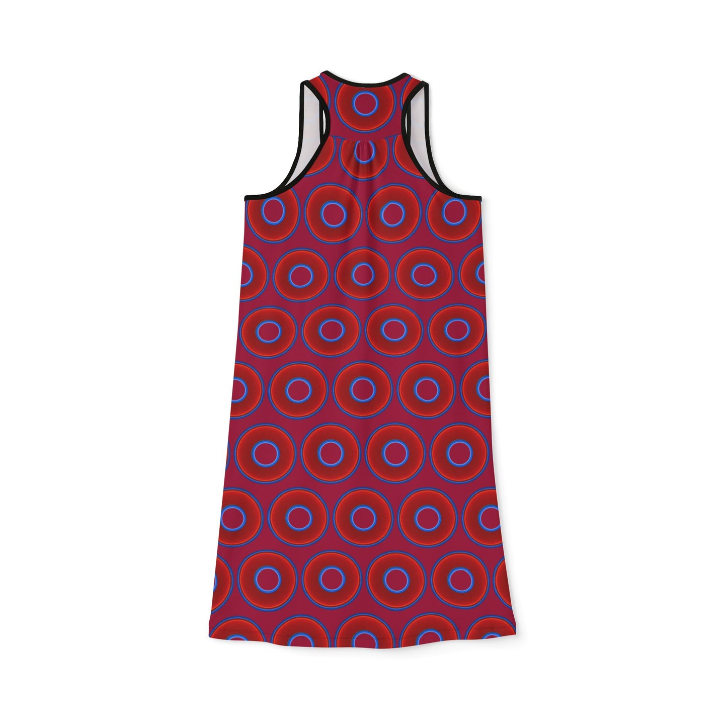 Tela's Lumpy Racerback Donut Dress - red vivid donut print w/dark magenta background