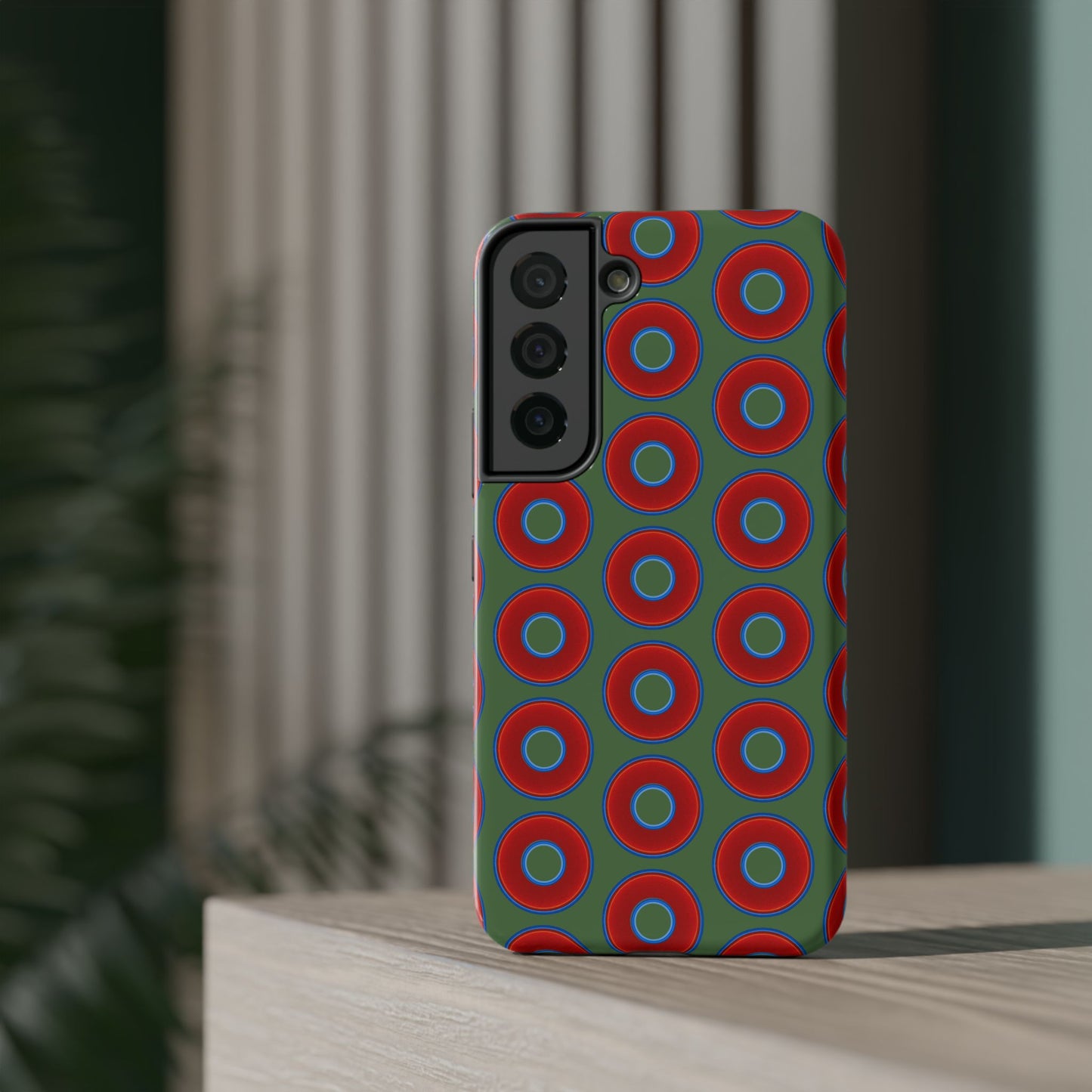 Impact-Resistant Lumpy Donut Case - red vivid donut print w/dark green background