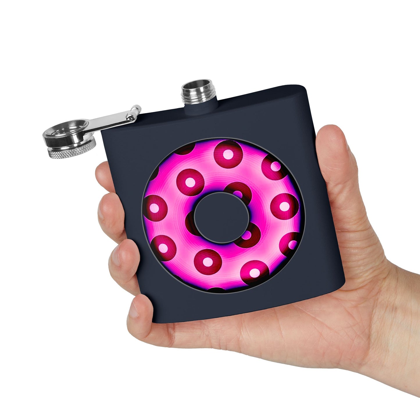 Lump's Donut Flask 6 oz -  Hot Magenta/Red Blimpy Paradox Donut - [*w/your choice of 6 backgrounds]