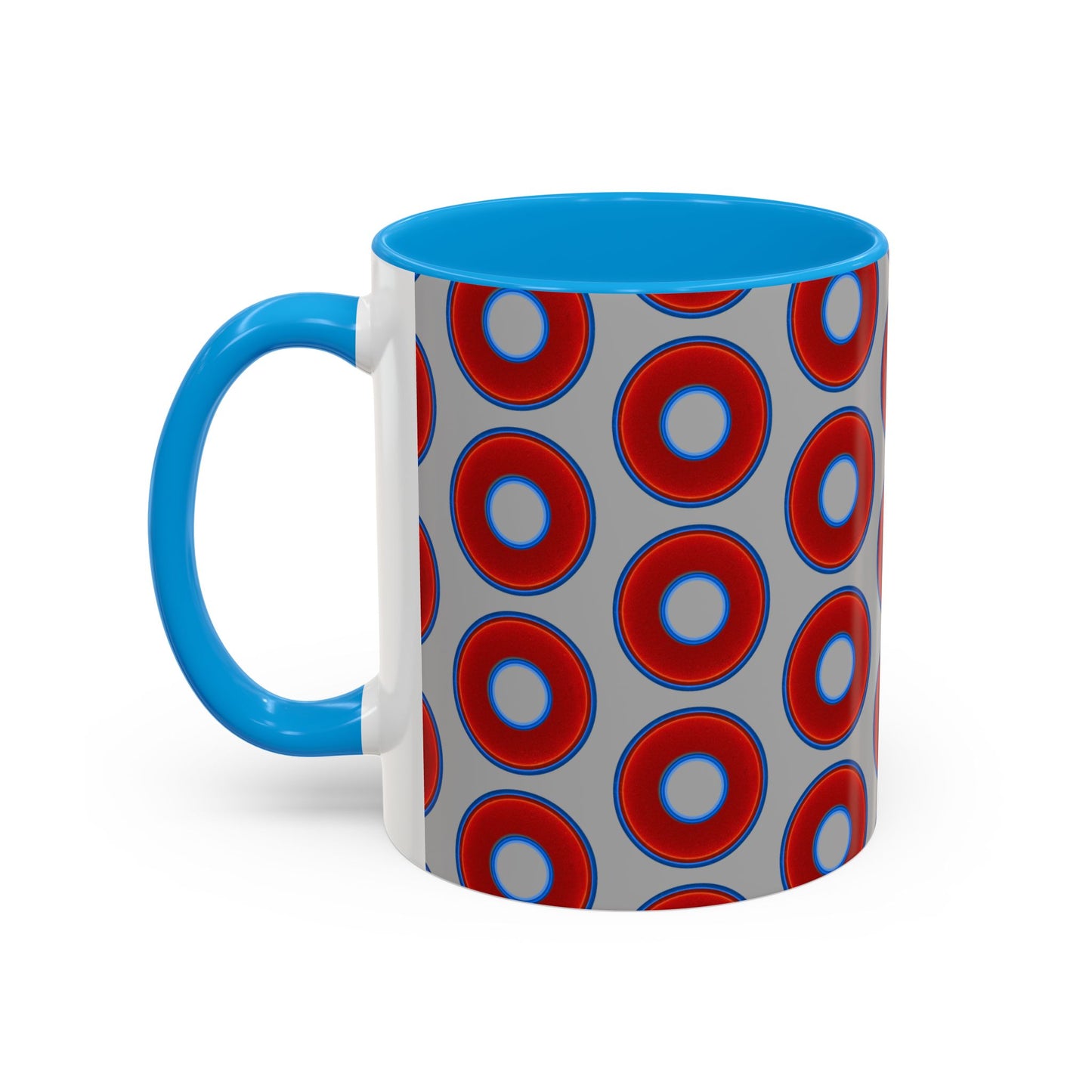 Lump's Grumpy Coffee Mug - vivid red donuts w/light gray background