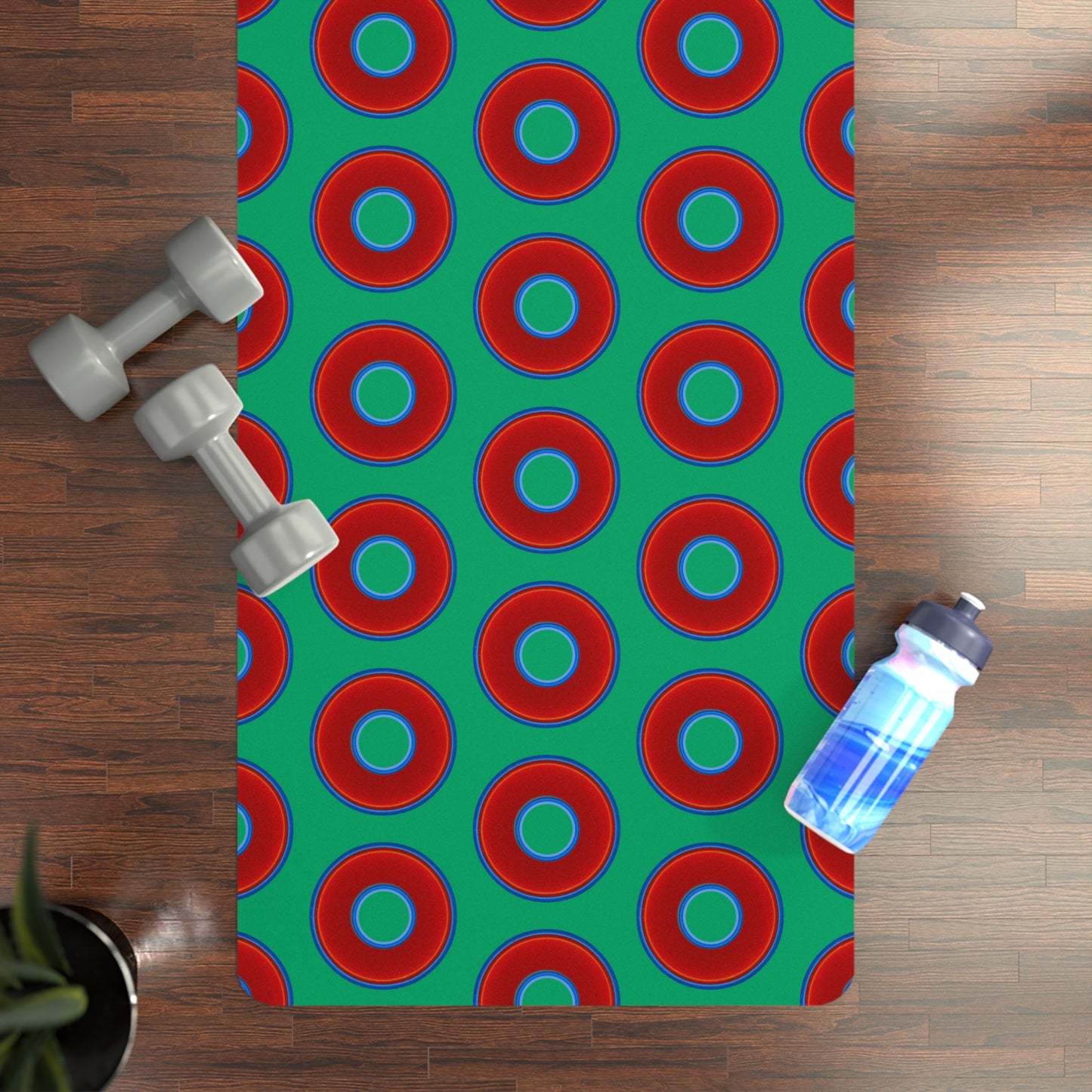 Lumpy Donut Yoga Mat :) - 24″ x 70" - vivid red donut print w/jade green background