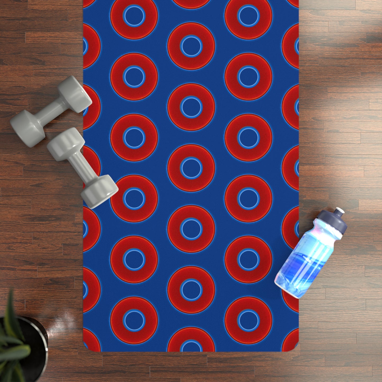 Lumpy Donut Yoga Mat :) - 24″ x 70" - vivid red donut print w/dark blue background