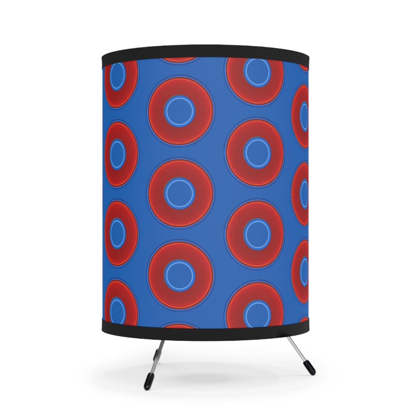 Lumpy Tripod Donut Lamp - vivid red donuts w/dark royal blue background