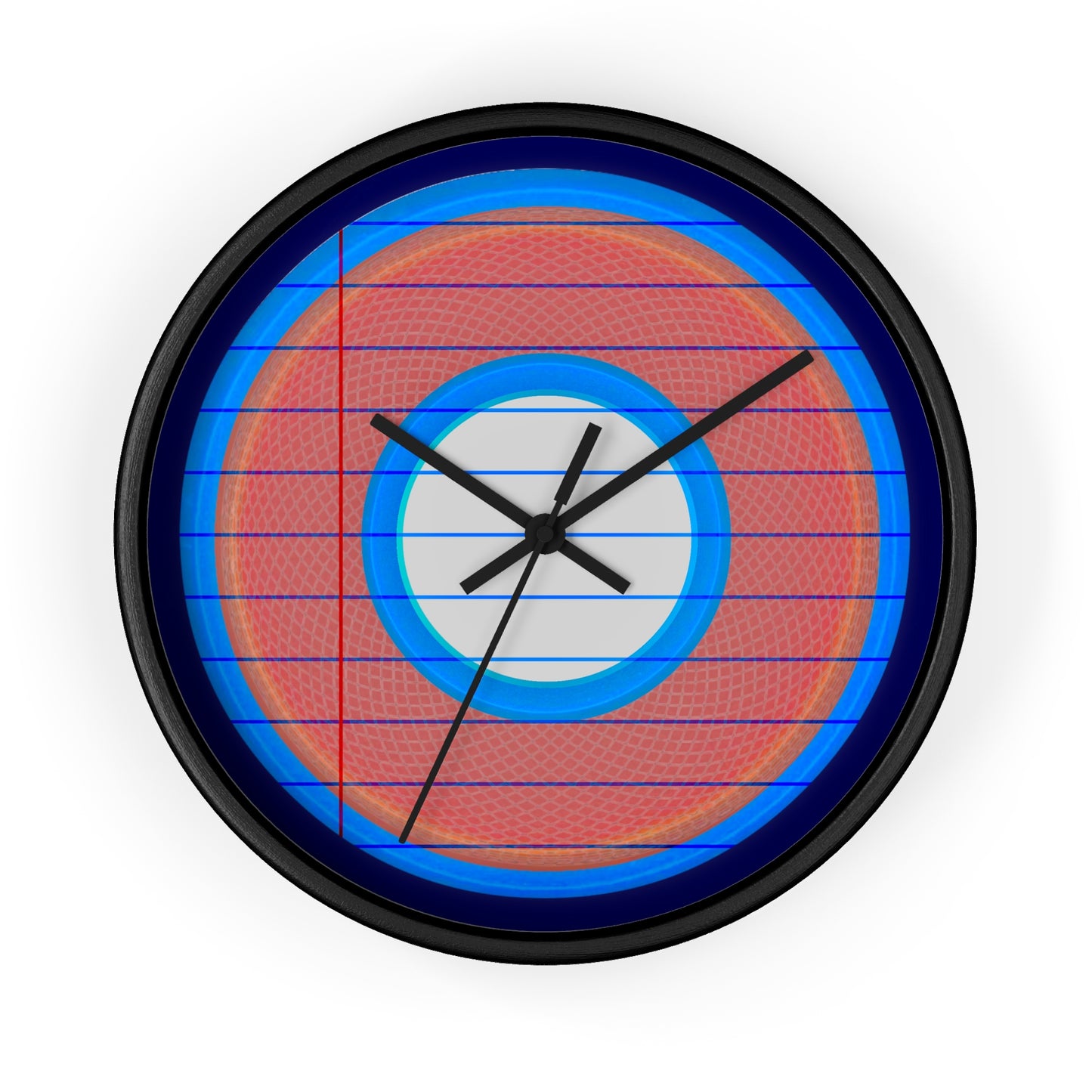 Lumpy Wall Clock - "Tasty Donut Clock" - variant 2 - rustic red donut w/lines/paper & dark navy blue background