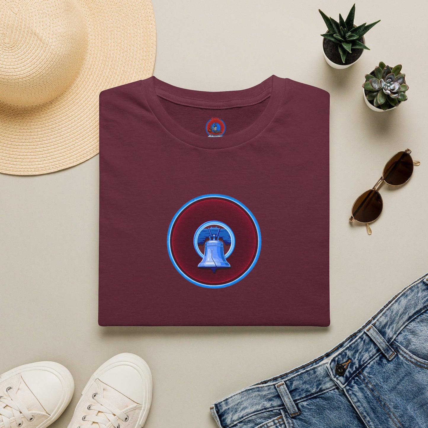 Classic Donut Tee - Unisex Soft-Style - "Brotherly Donuts Jawn" - vivid dark purple-red/light blue donut