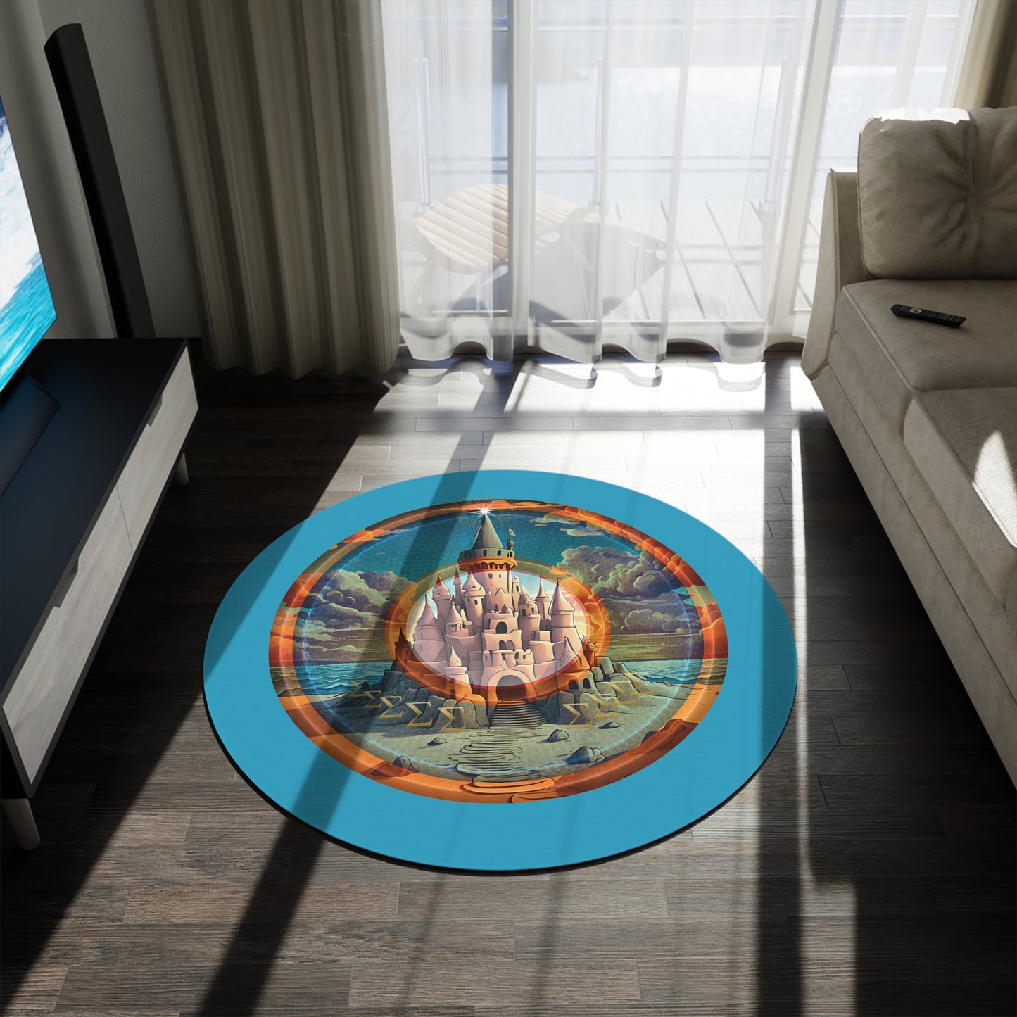 Round Room - 5 ft x 5 ft Lumpy Donut Rug - "The Donut Rug that Tides Never Reached" - vivid orange/blue pic donut w/turquoise background - variant 1