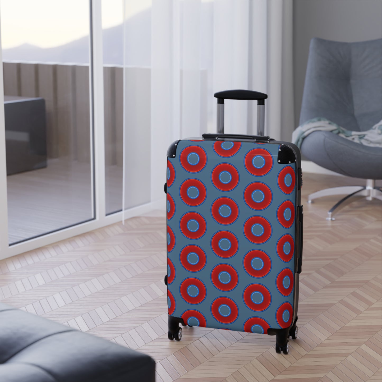 The Very Lumpy Donut Suitcase series - your choice of S, M or L - vivid red donut print w/steel blue background