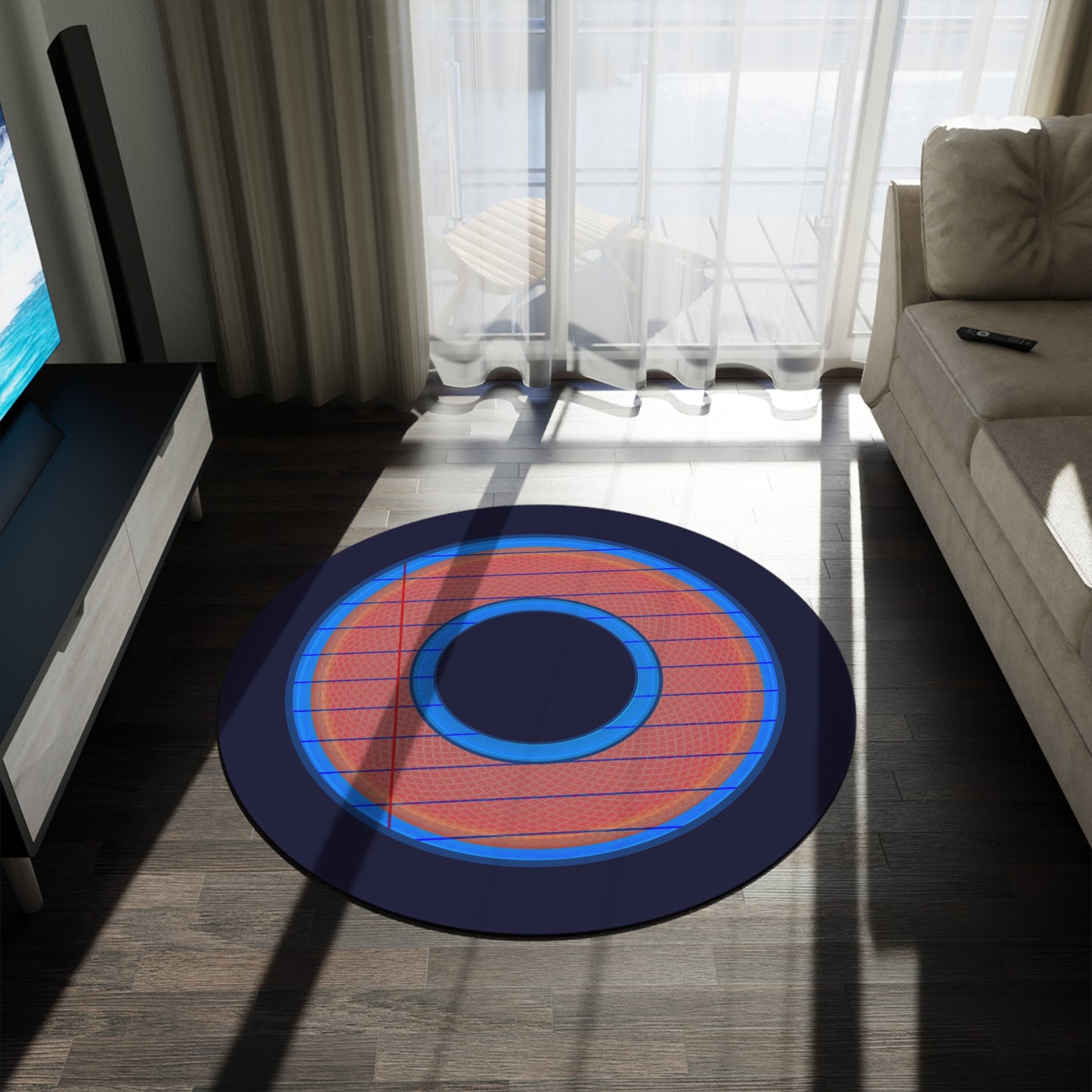 Round Room - 5 ft x 5 ft Lumpy Donut Rug - "Tasty Donut Carpet" - rustic red/blue lined donut w/midnight blue background - variant 3
