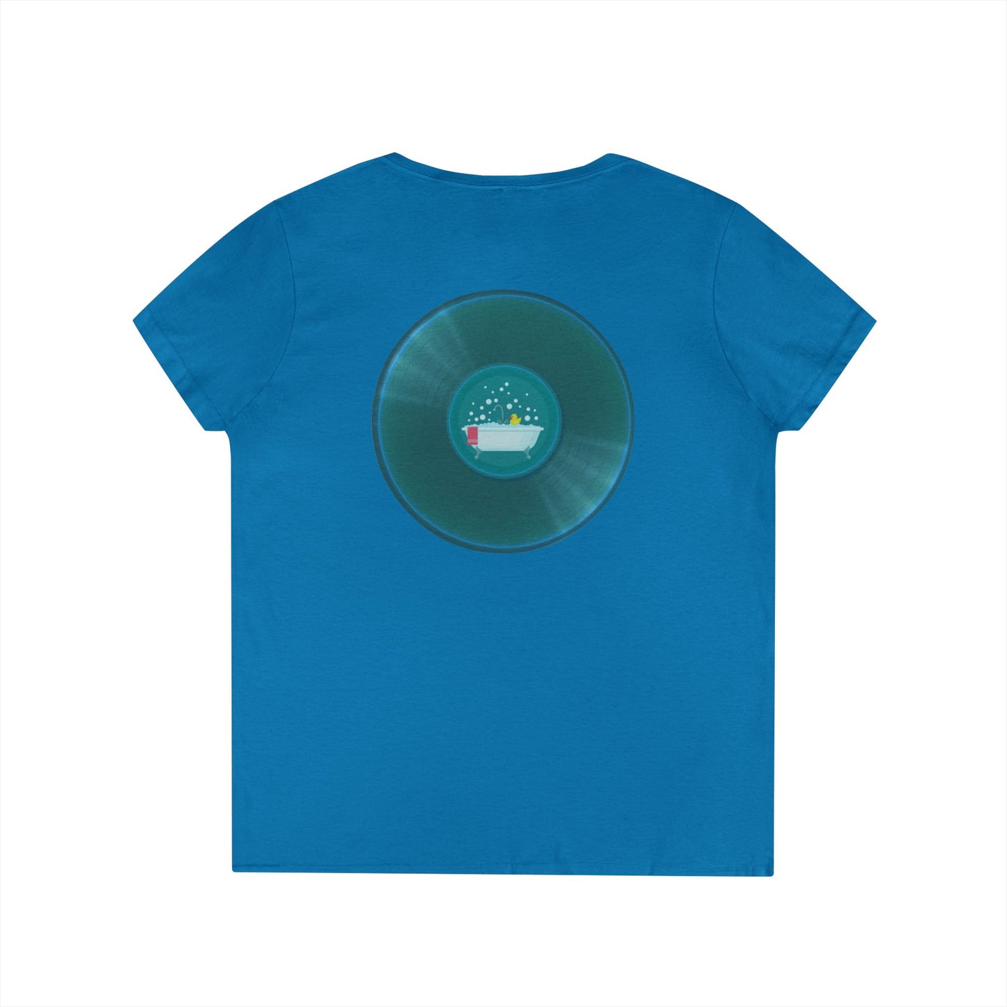 Women's Donut V-Neck Tee - "Bathtub Fun Donut" - vivid aquamarine donuts w/tub