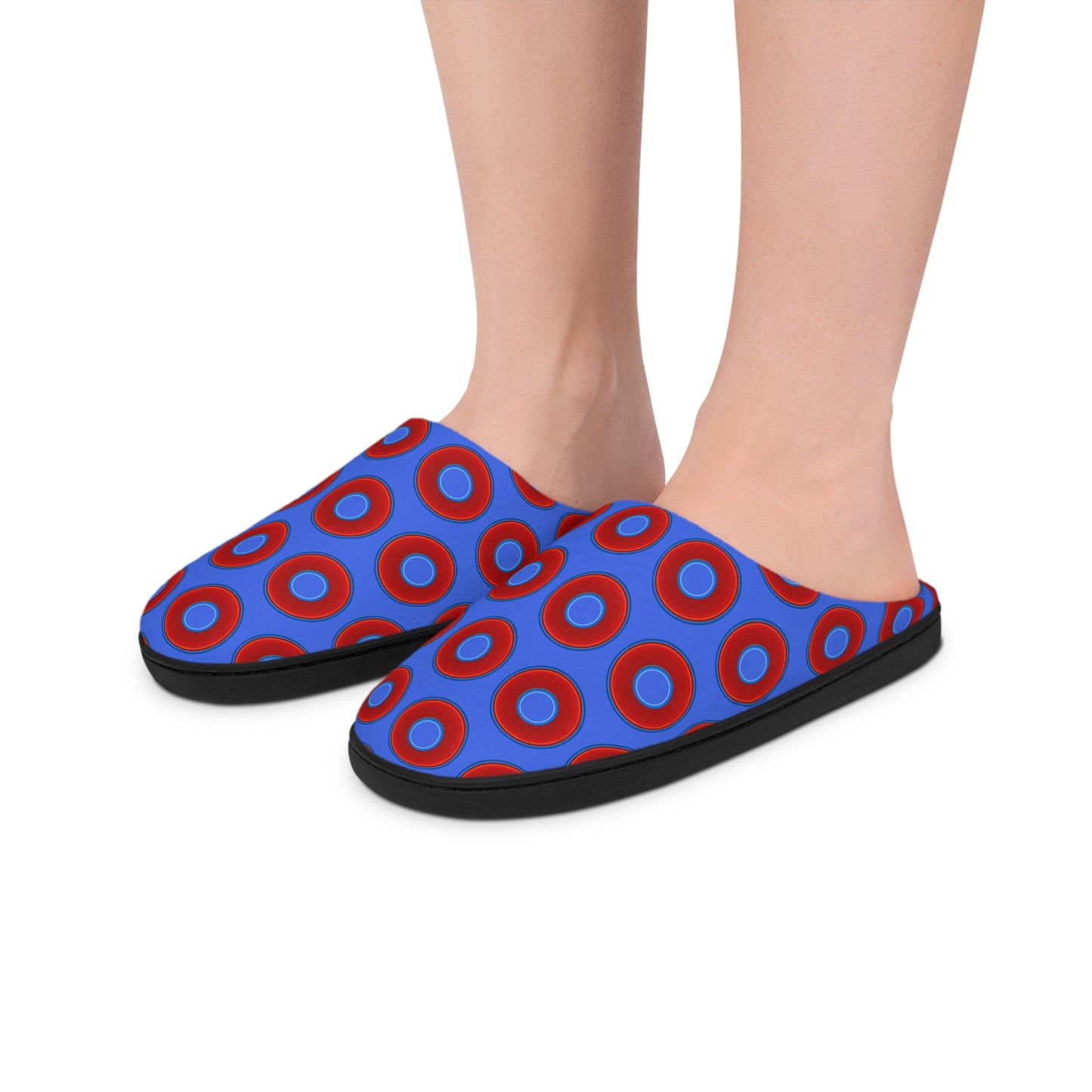 Men's Lumpy Slippers - red vivid donut print w/royal blue background