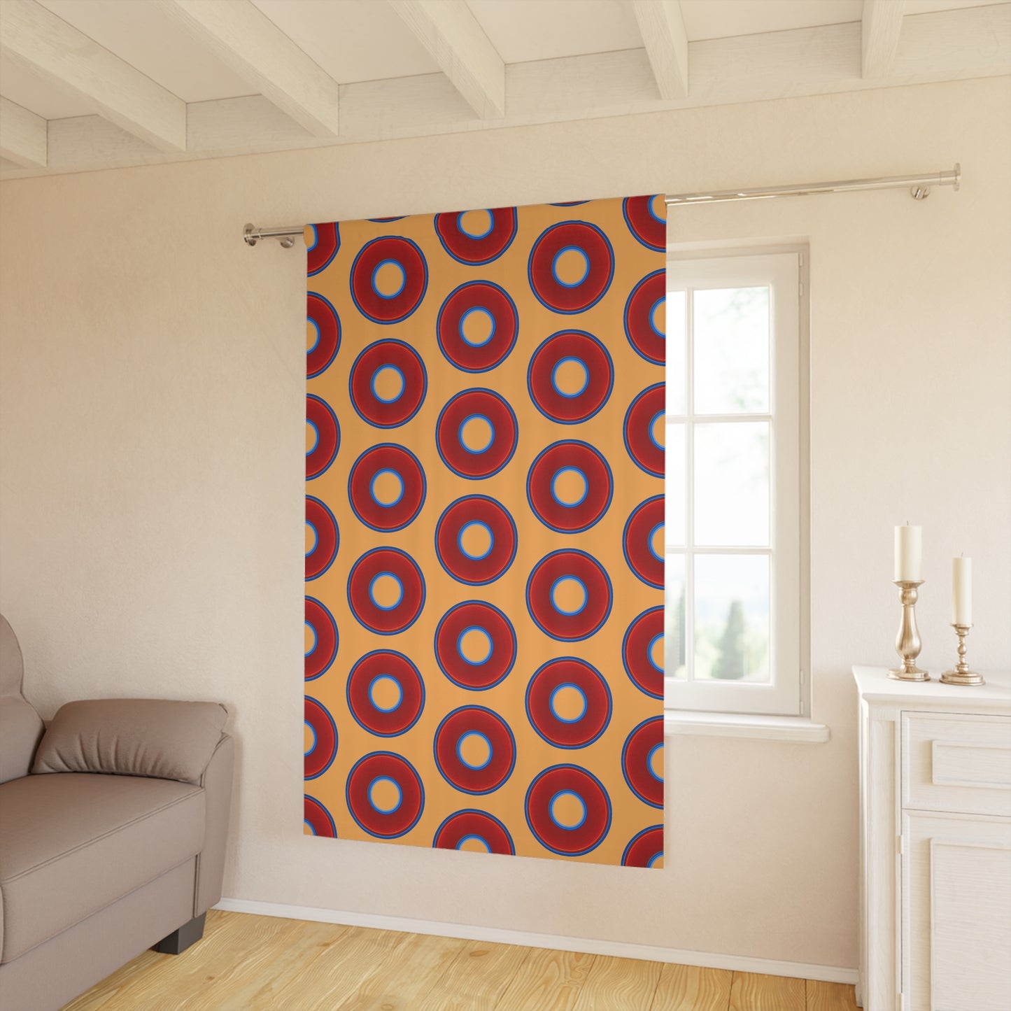 Lump's Heady Curtain w/Donuts - vivid red donut print - w/creamsicle orange background - [*1 Piece / 50" x 84"]