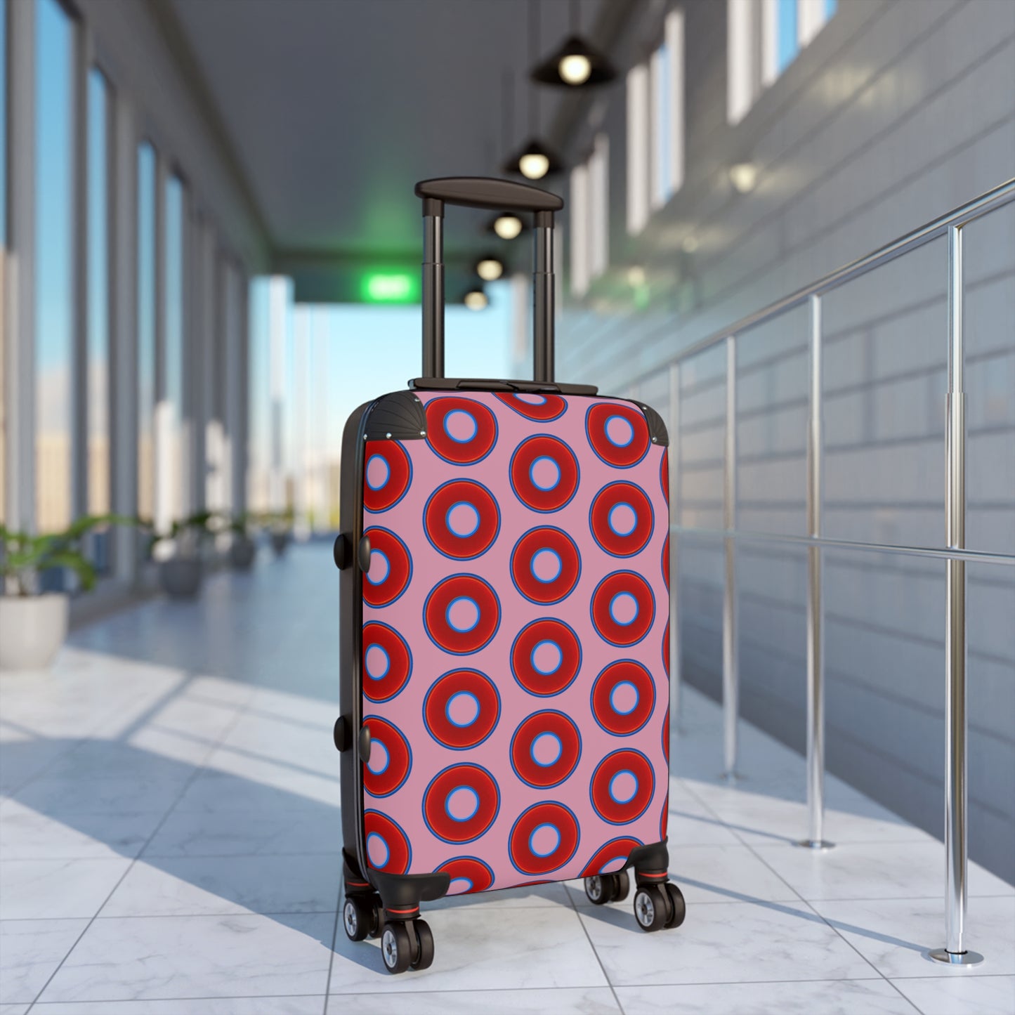 Very Lumpy Donut Suitcase series - your choice of S, M or L - vivid red donut print w/pale magenta background