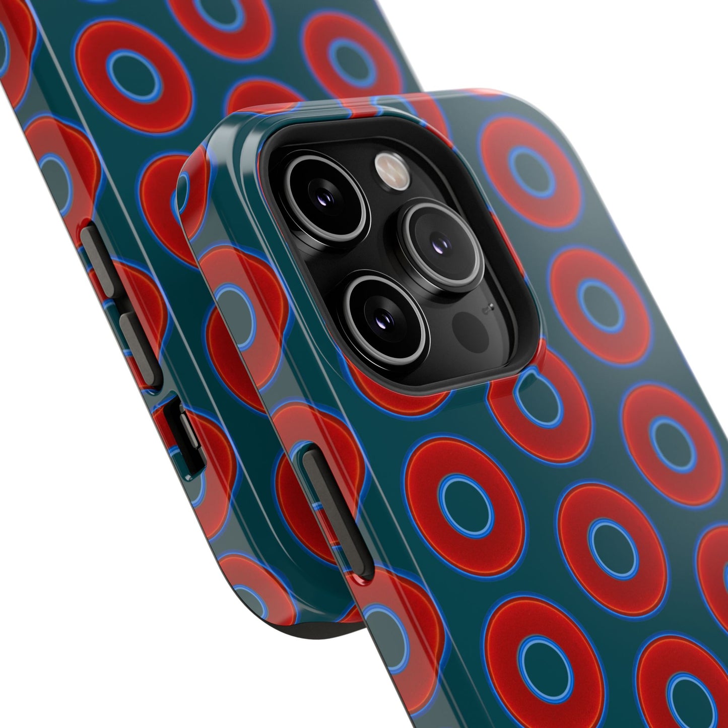 Impact-Resistant Lumpy Donut Case - red vivid donut print w/midnight green background