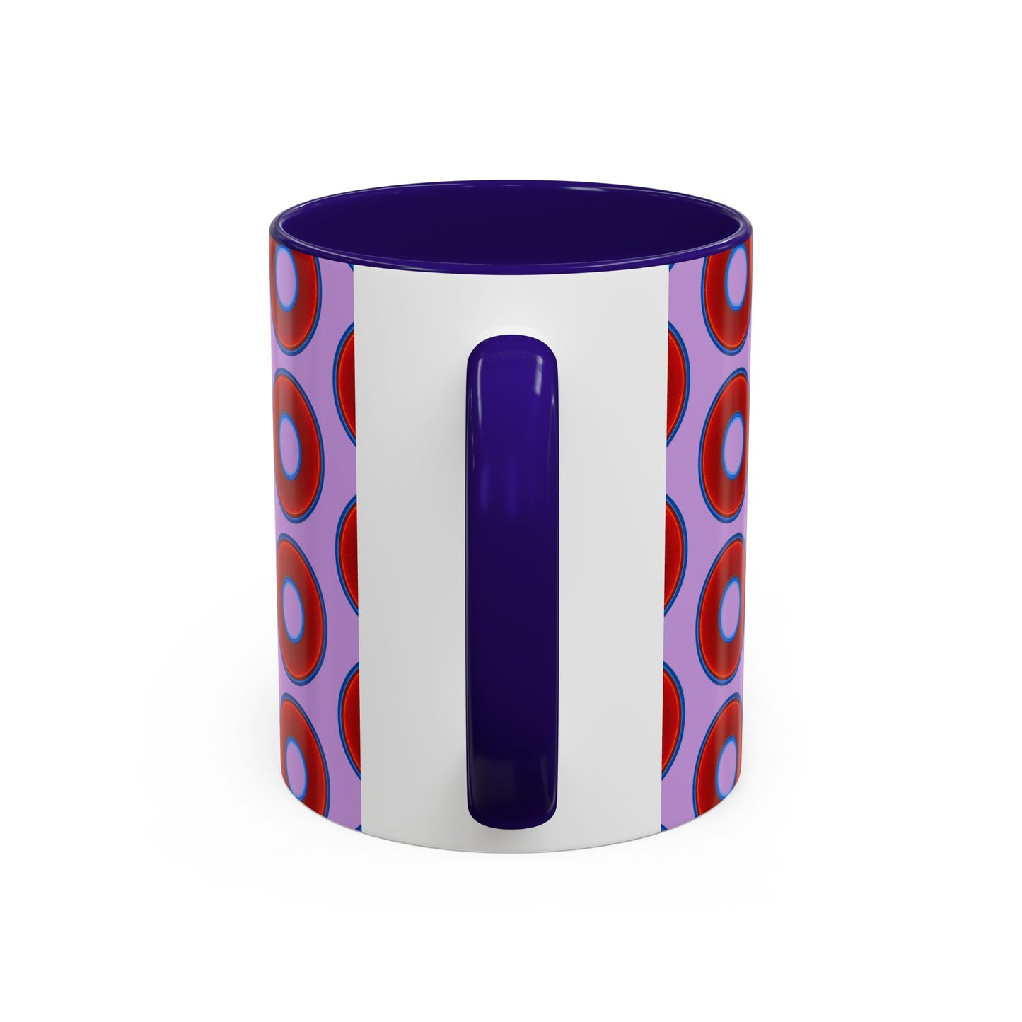 Lump's Grumpy Coffee Mug - vivid red donuts w/wisteria purple background