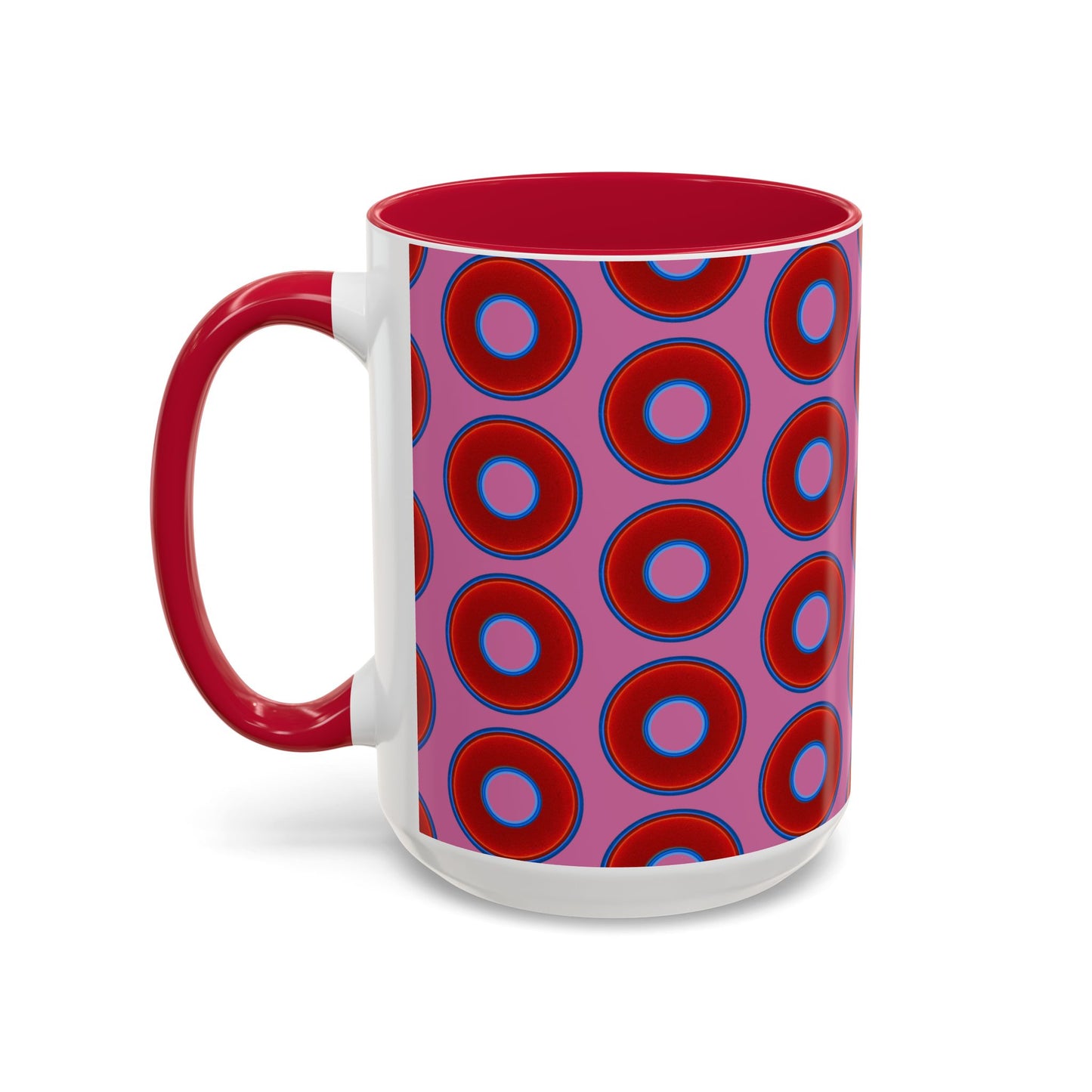 Lump's Grumpy Coffee Mug - vivid red donuts w/pink background