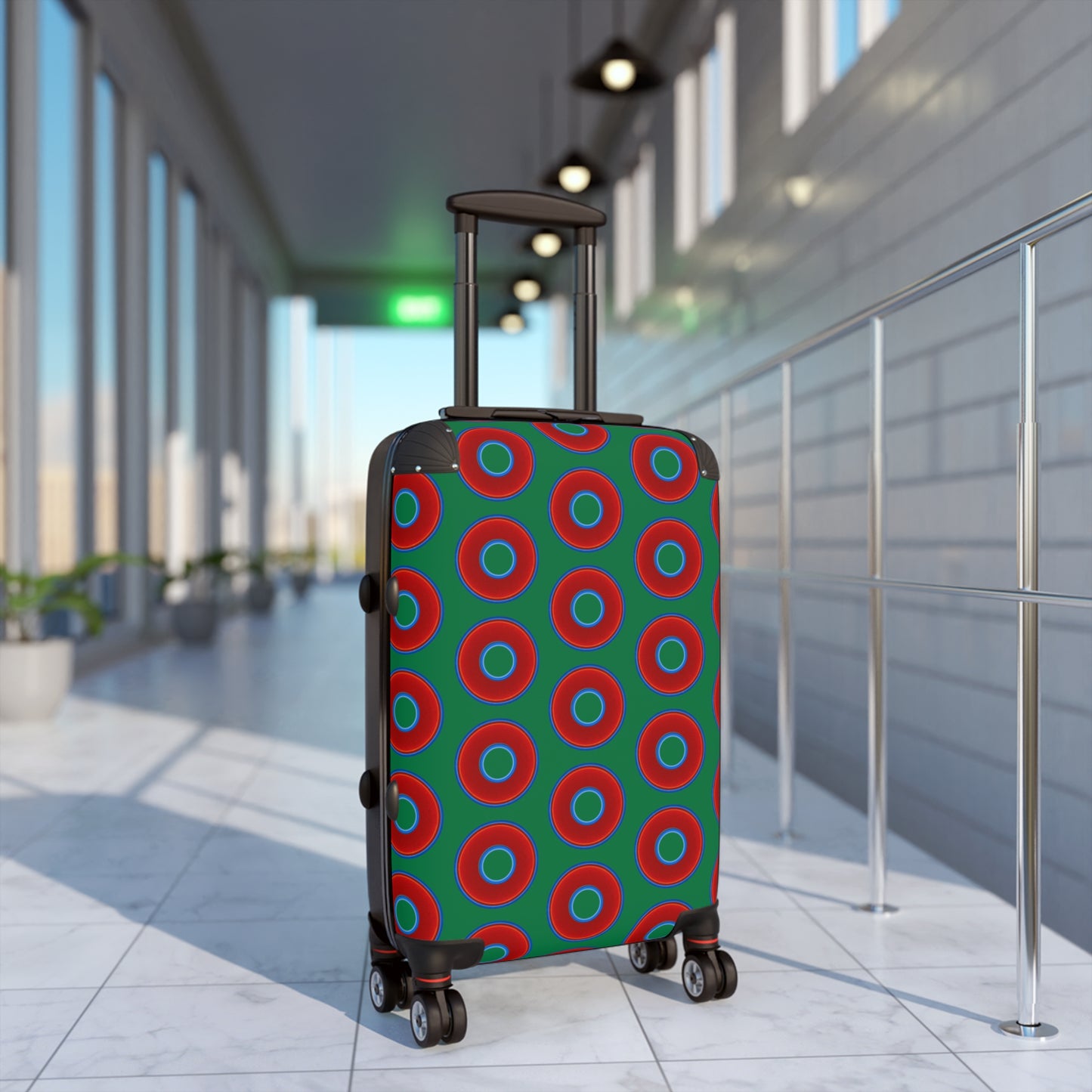 The Very Lumpy Donut Suitcase series - your choice of S, M or L - vivid red donut print w/green background