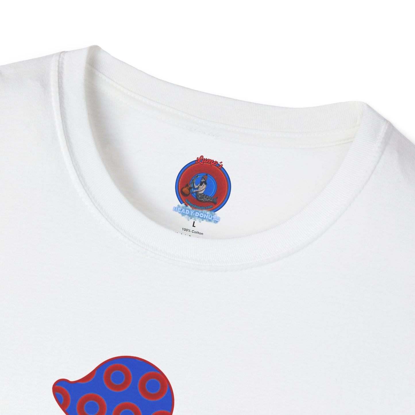 Classic Donut Tee - Unisex Soft-Style - "Rubber Ducky Bath Time Donut" - vivid red/blue donut pattern - variant 3