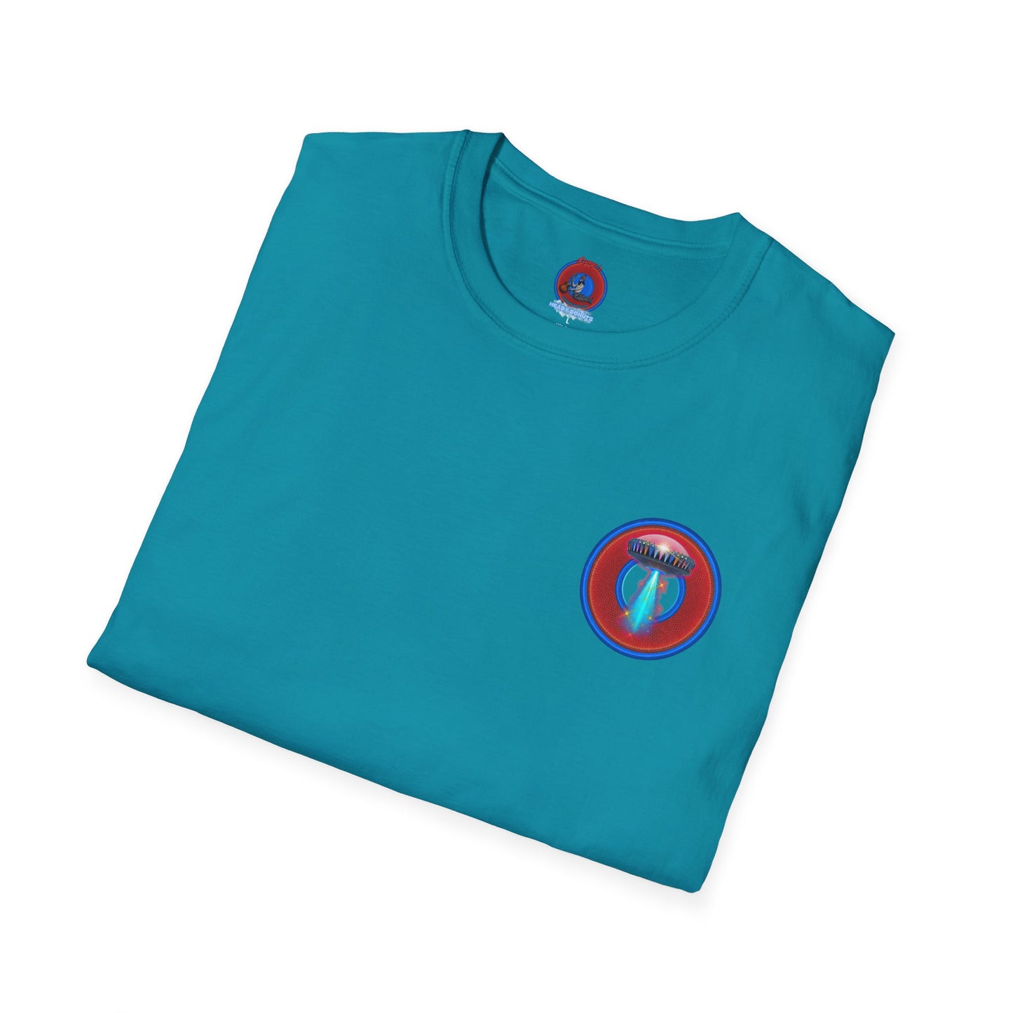 Classic Donut Tee - Unisex Soft-Style - "Donuts now Served on the Mothership" - red/blue donut