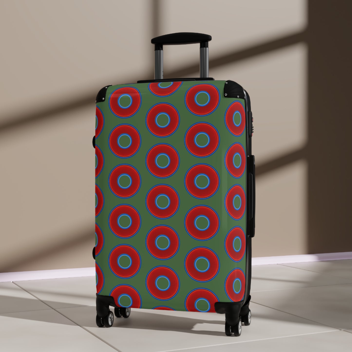The Very Lumpy Donut Suitcase series - your choice of S, M or L - vivid red donut print w/dark Fenway green background