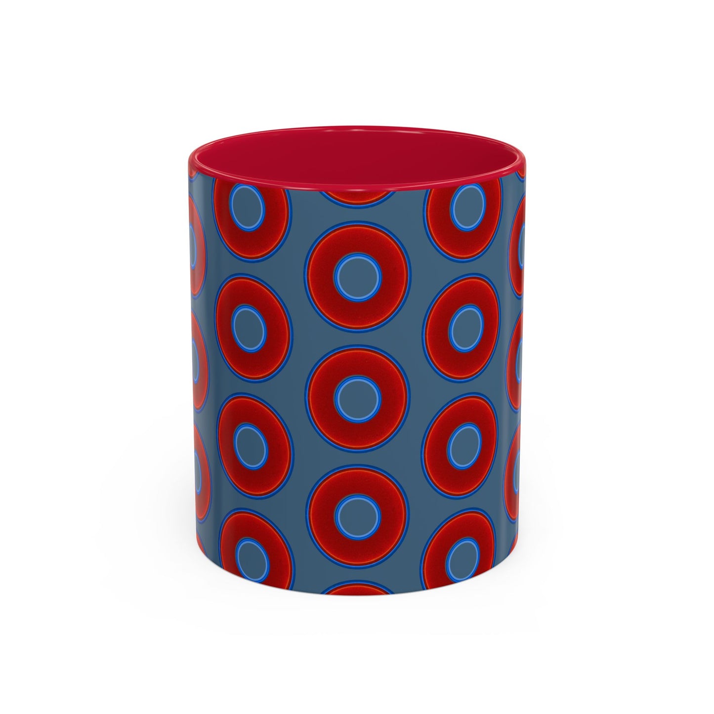 Lump's Grumpy Coffee Mug - vivid red donuts w/steel blue background