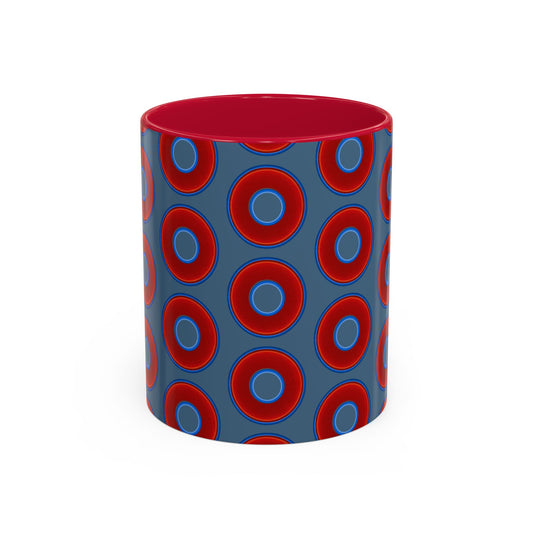 Lump's Grumpy Coffee Mug - vivid red donuts w/steel blue background