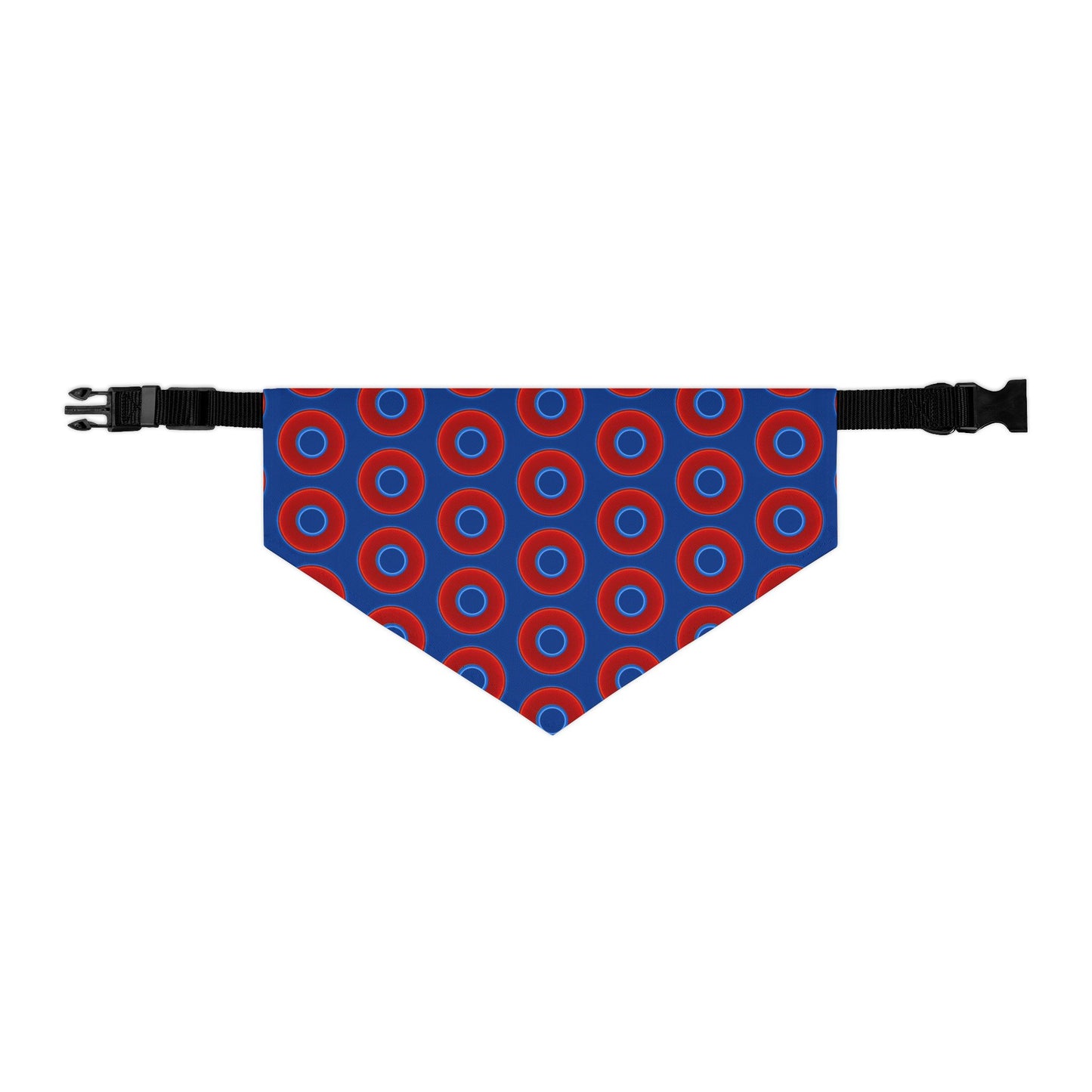 Jim's Lumpy Bandana Pet Collar - vivid red donuts w/dark blue background