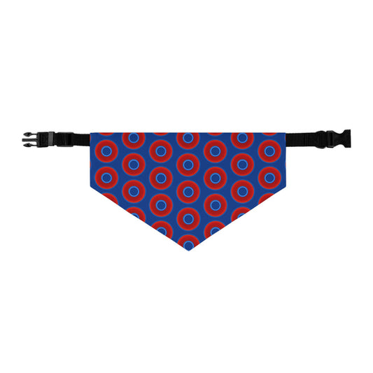 Jim's Lumpy Bandana Pet Collar - vivid red donuts w/dark blue background
