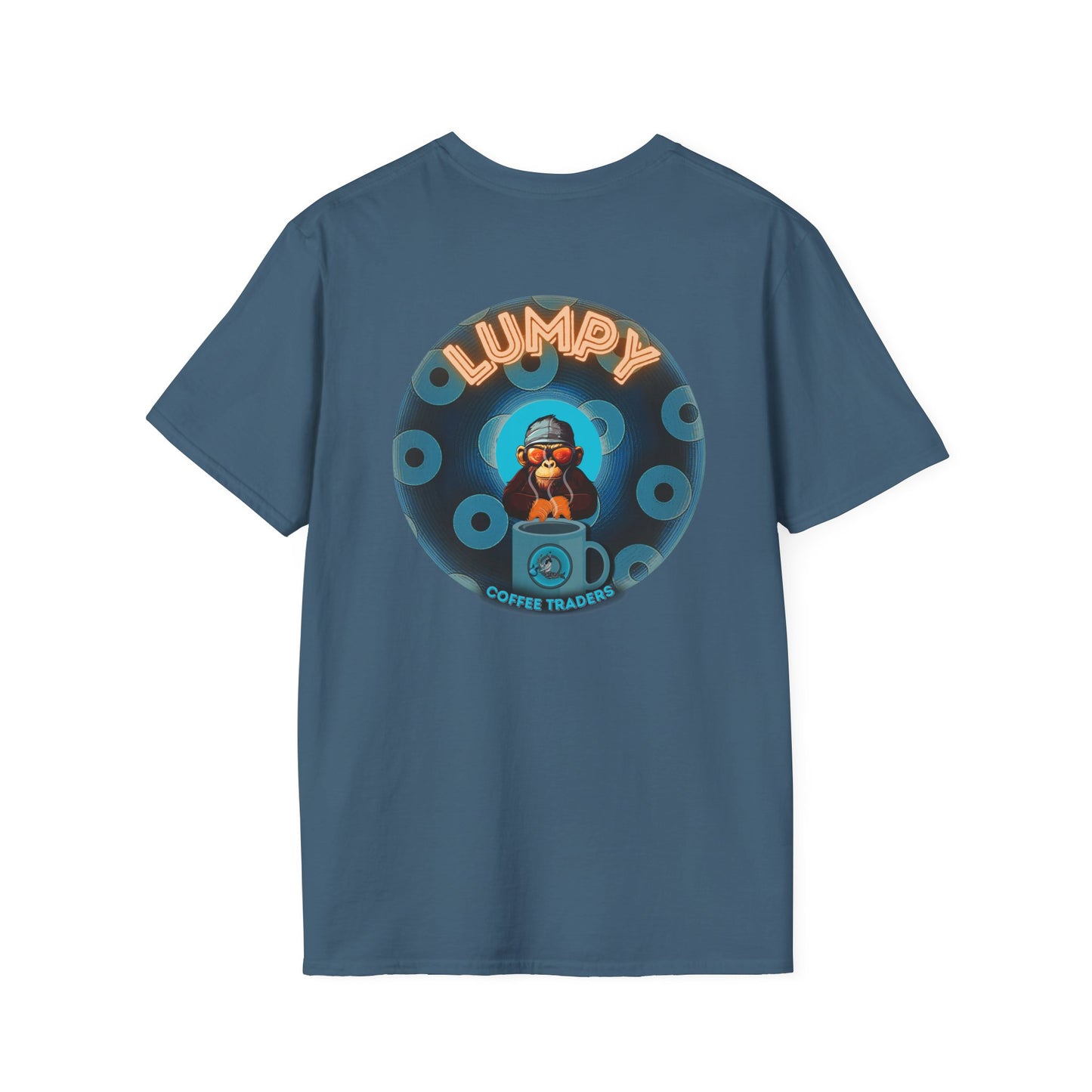Coffee Traders Tee - Unisex Soft-Style - "Tasty Coffee" - paradoxical donut/cubed blue donut - variant 1 - It's Ice Cube's front/logo back