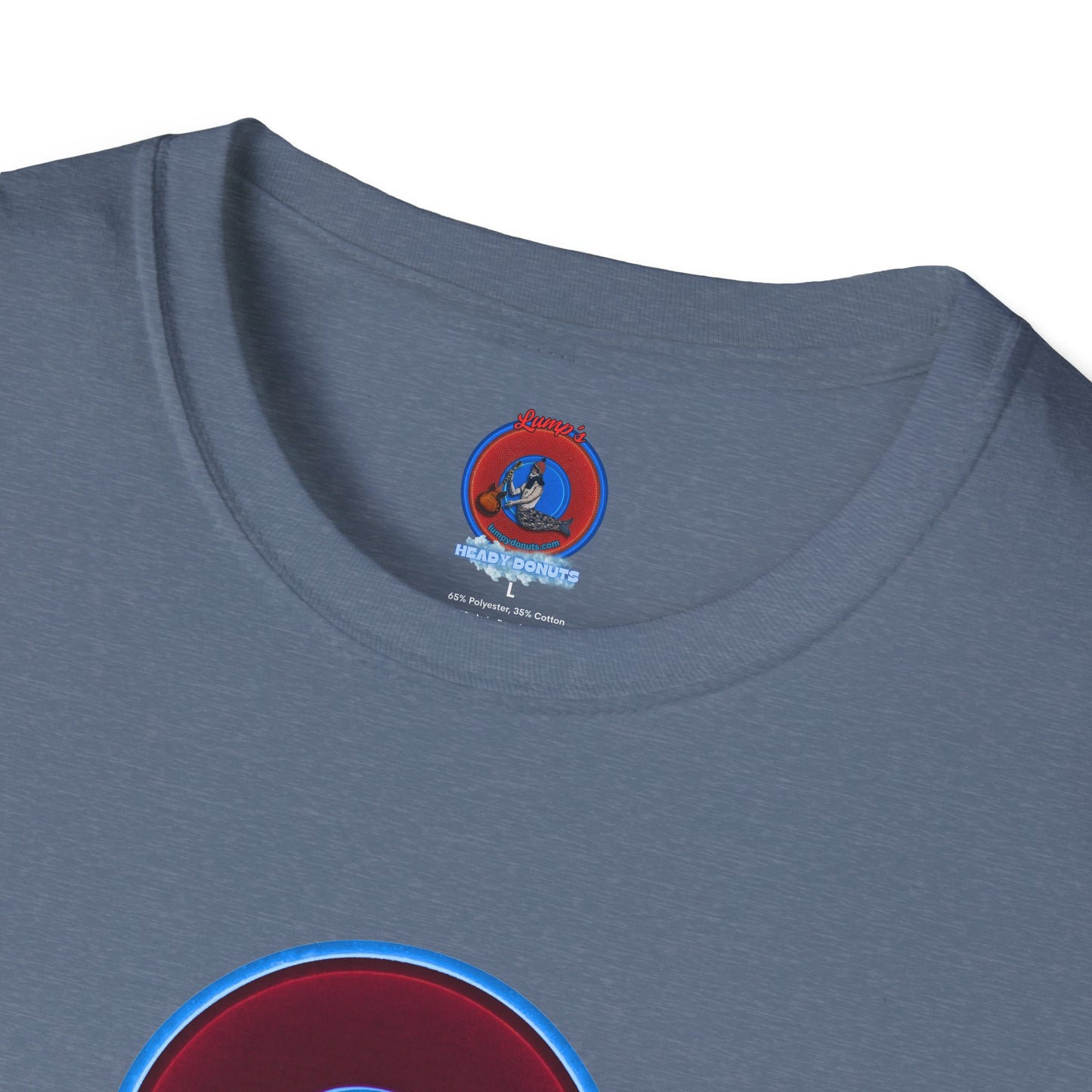 Classic Donut Tee - Unisex Soft-Style - "Brotherly Donuts Jawn" - vivid dark purple-red/light blue donut