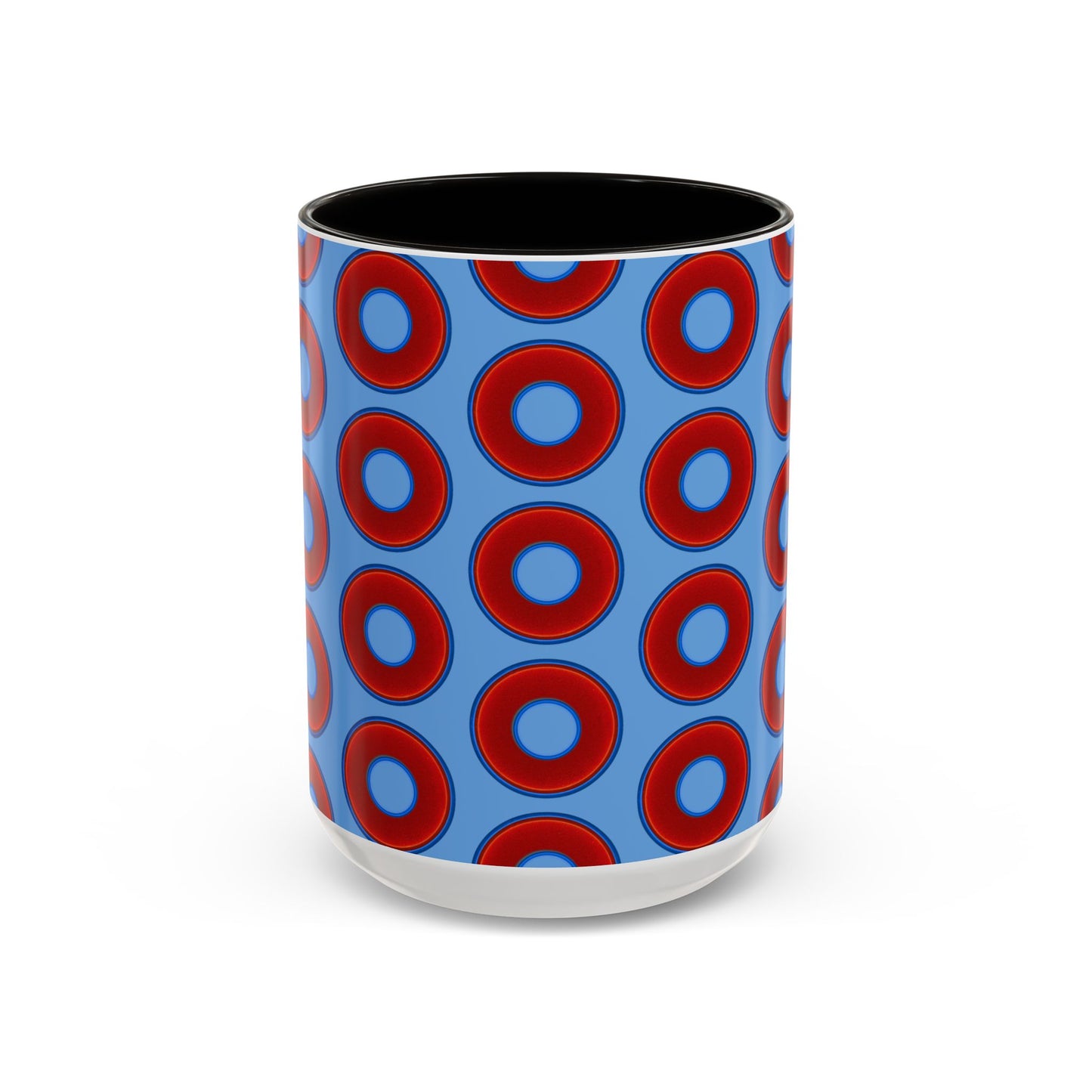 Lump's Grumpy Coffee Mug - vivid red donuts w/light blue background