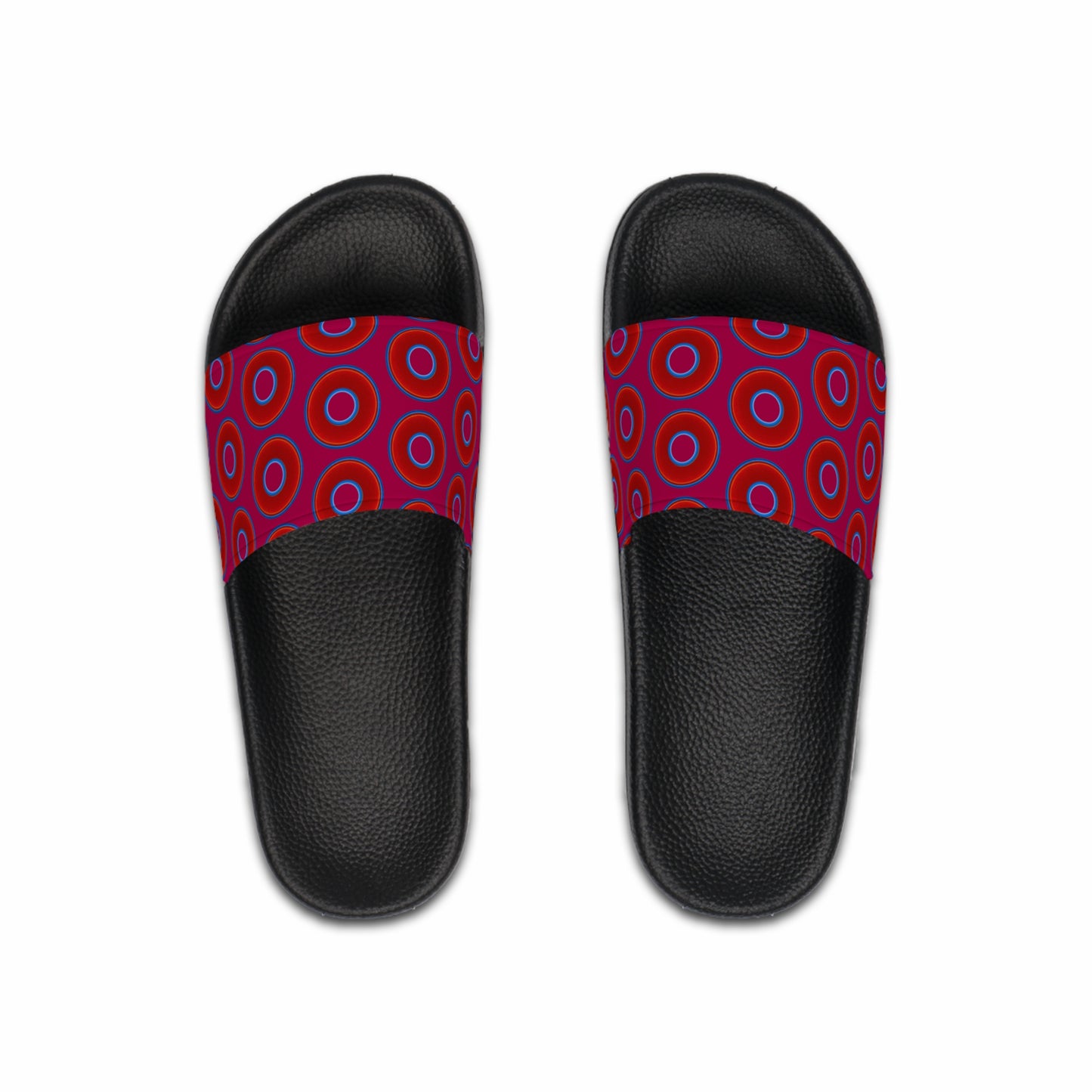 Men's Lumpy Sandals - slip-ons - red vivid donuts w/dark magenta background