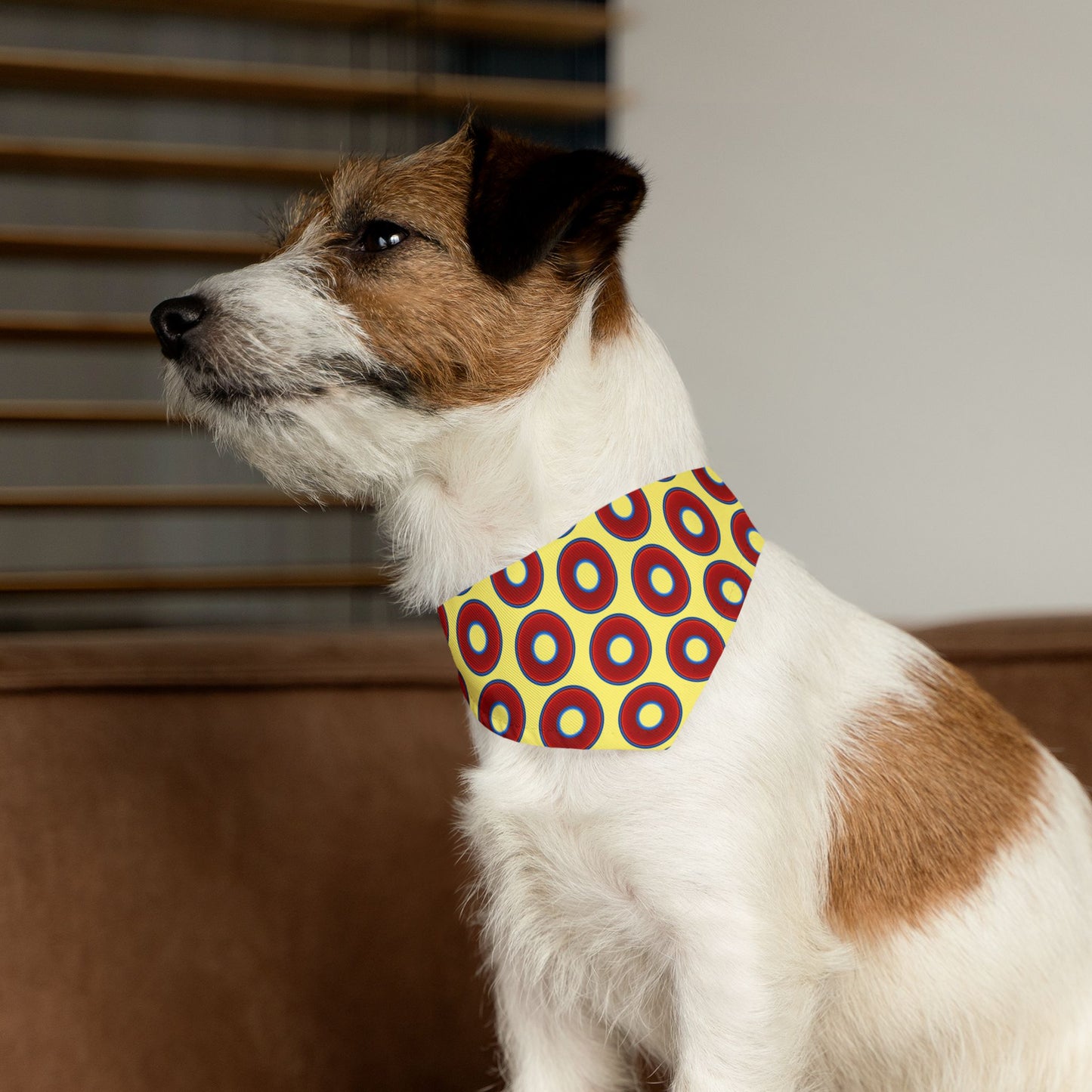Jim's Lumpy Bandana Pet Collar - vivid red donuts w/yellow background