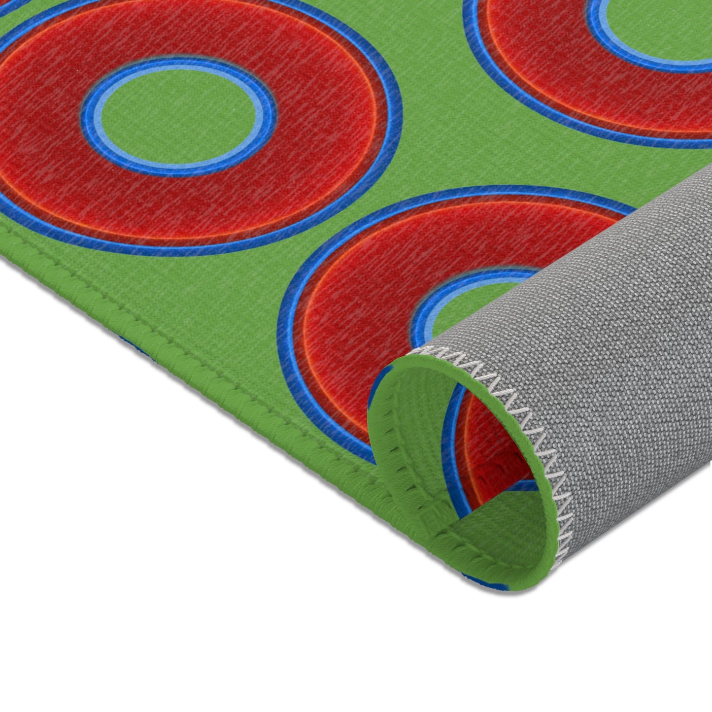 Lumpy Donut Print Rug - choice of 3 sizes - vivid red donut print w/light green background