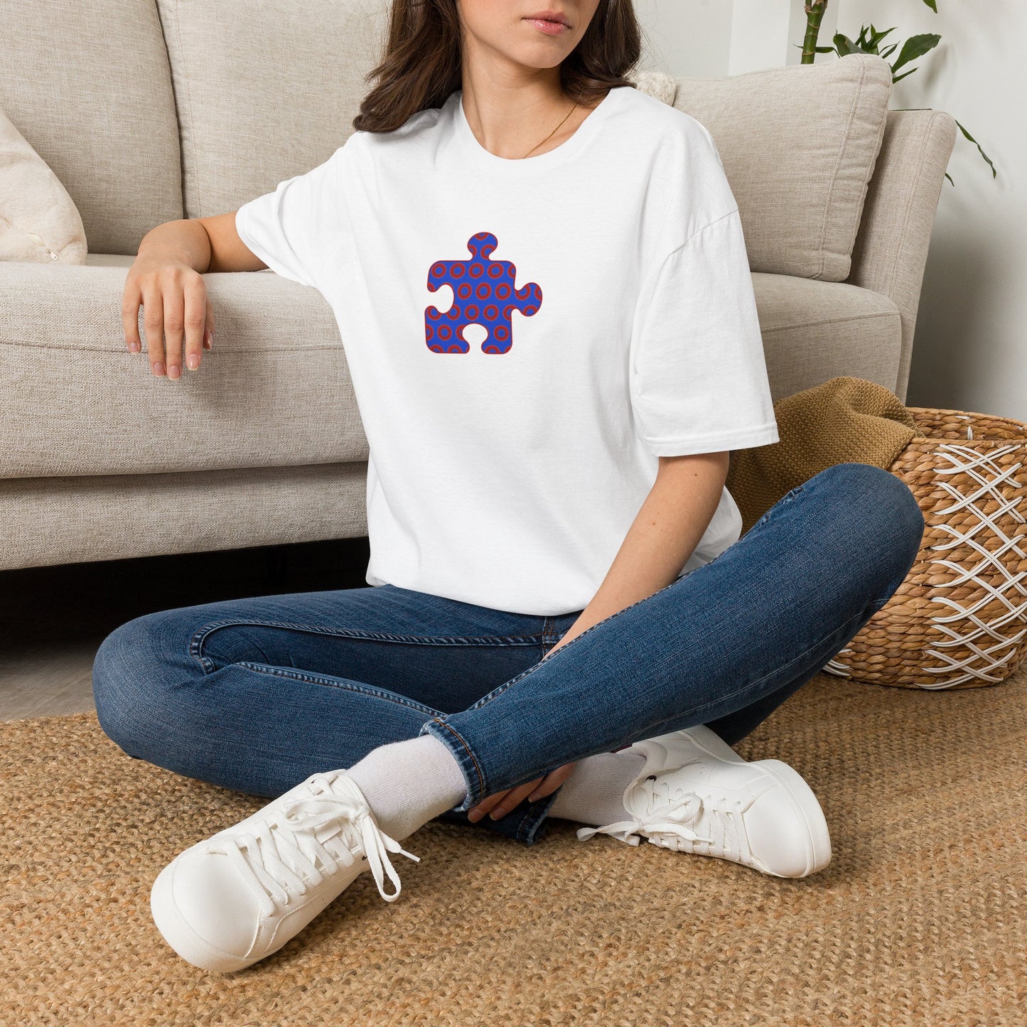 Classic Donut Tee - Unisex Soft-Style - "Trey's Completed Donut Pattern" - vivid red/blue puzzle pattern - variant 2